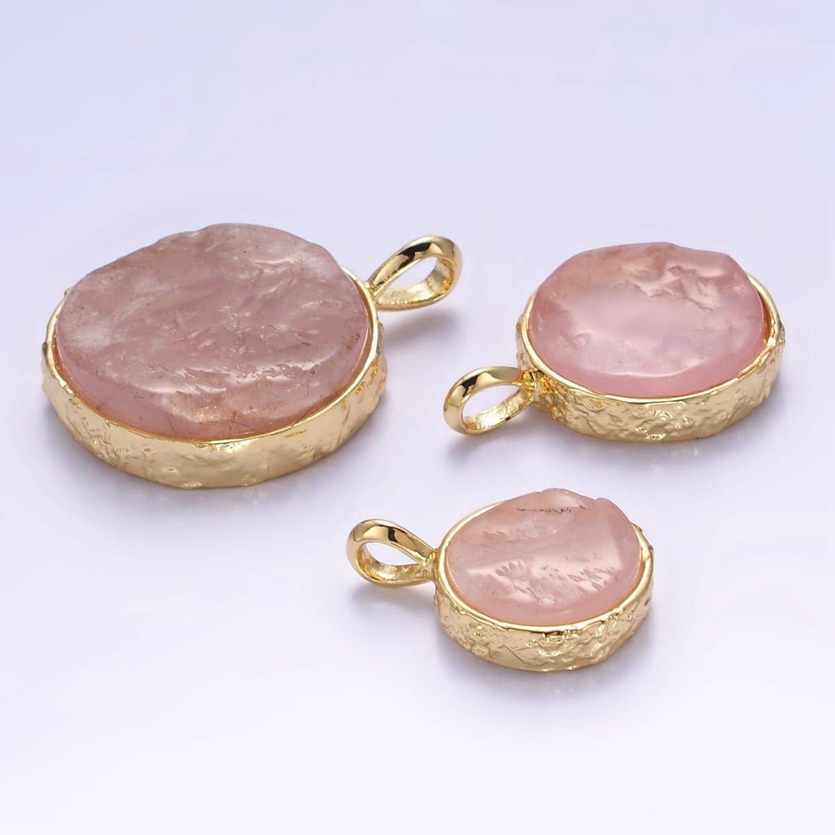 14K Gold Filled Rose Quartz Gemstone Hammered Bezel Pendant | I653 I654
