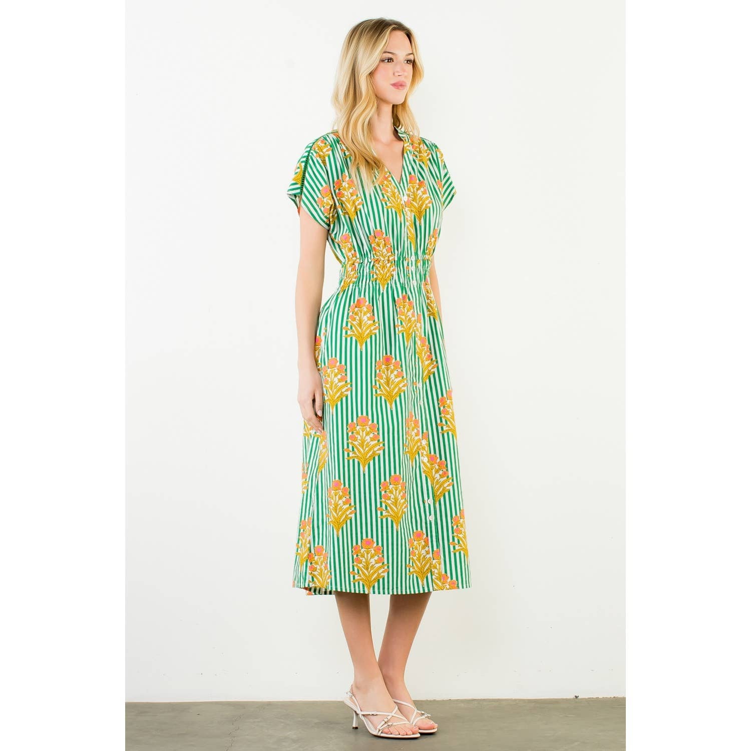Short Sleeve Striped Floral Pattern Dress