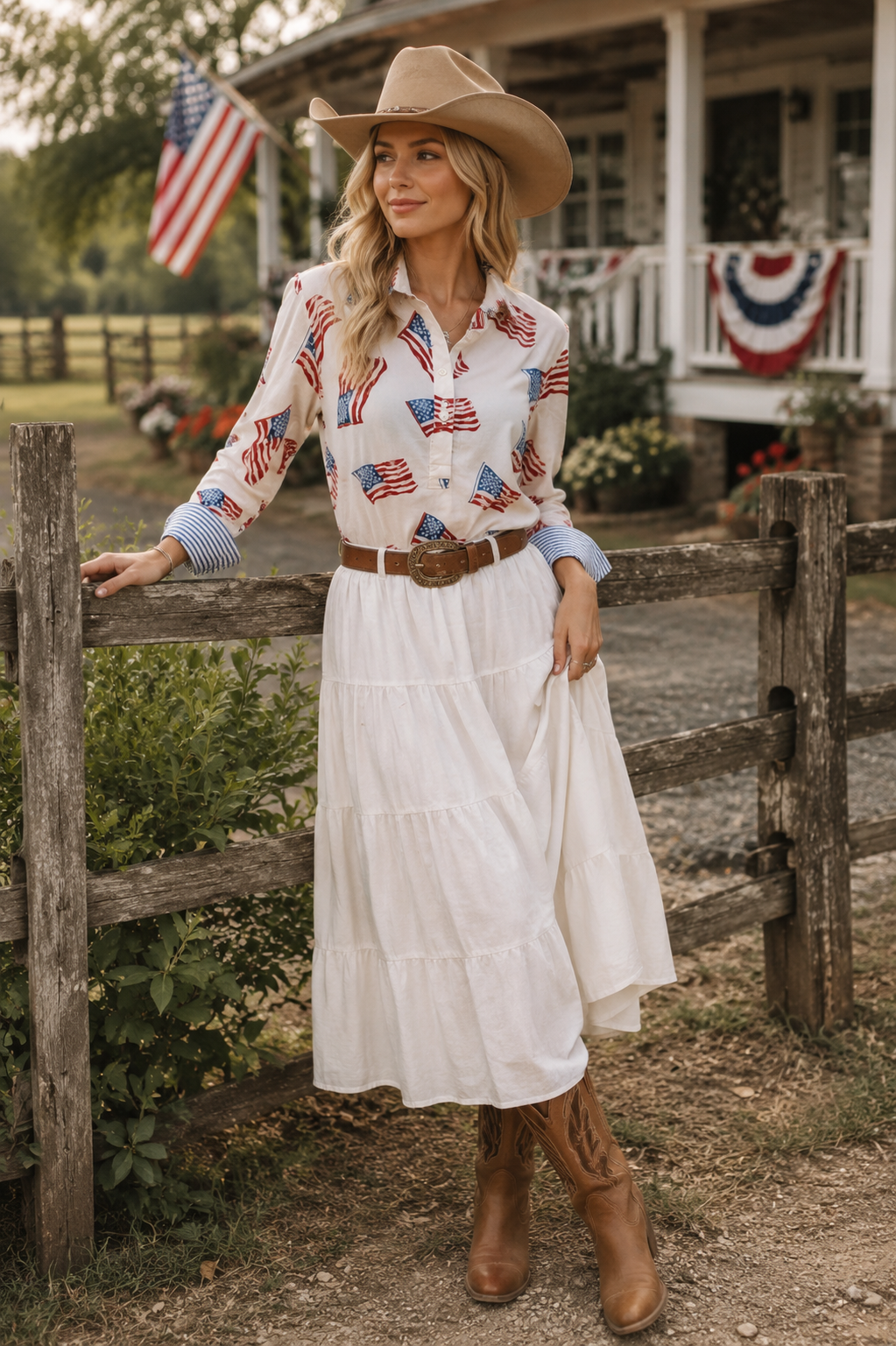 3/4 Sleeve Cotton Flag Print Blouse in White ships June 1
