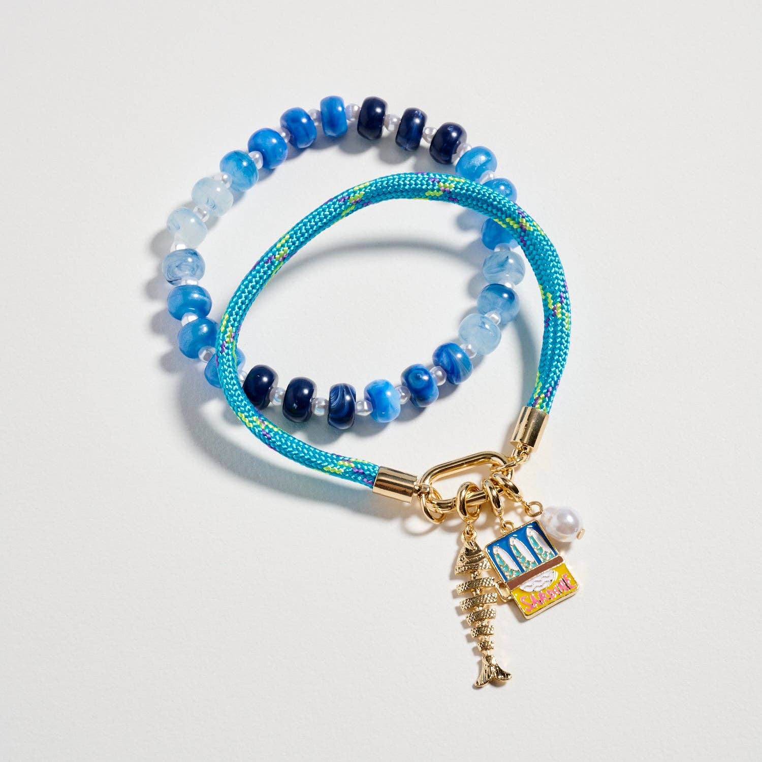 Double Layer Beaded Stretch & Cord Bracelet with Gold Tone Charms