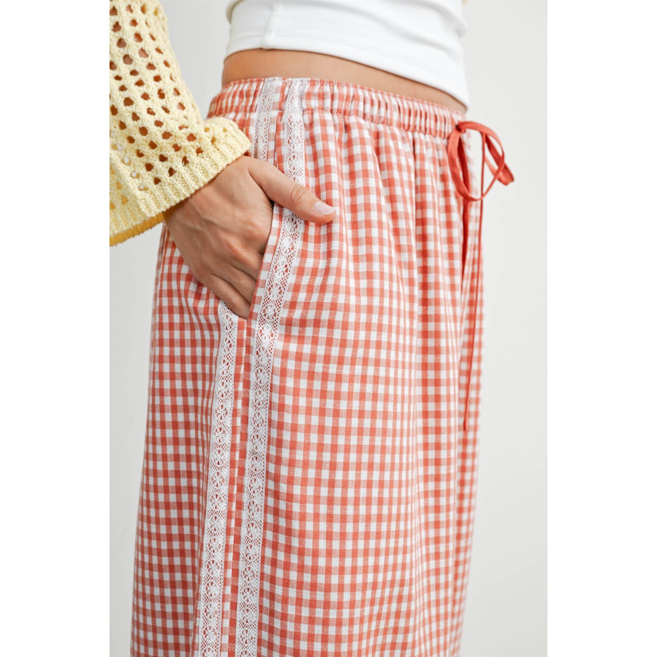 Terracotta Gingham Wide-Leg Lounge Pants-BMP8075