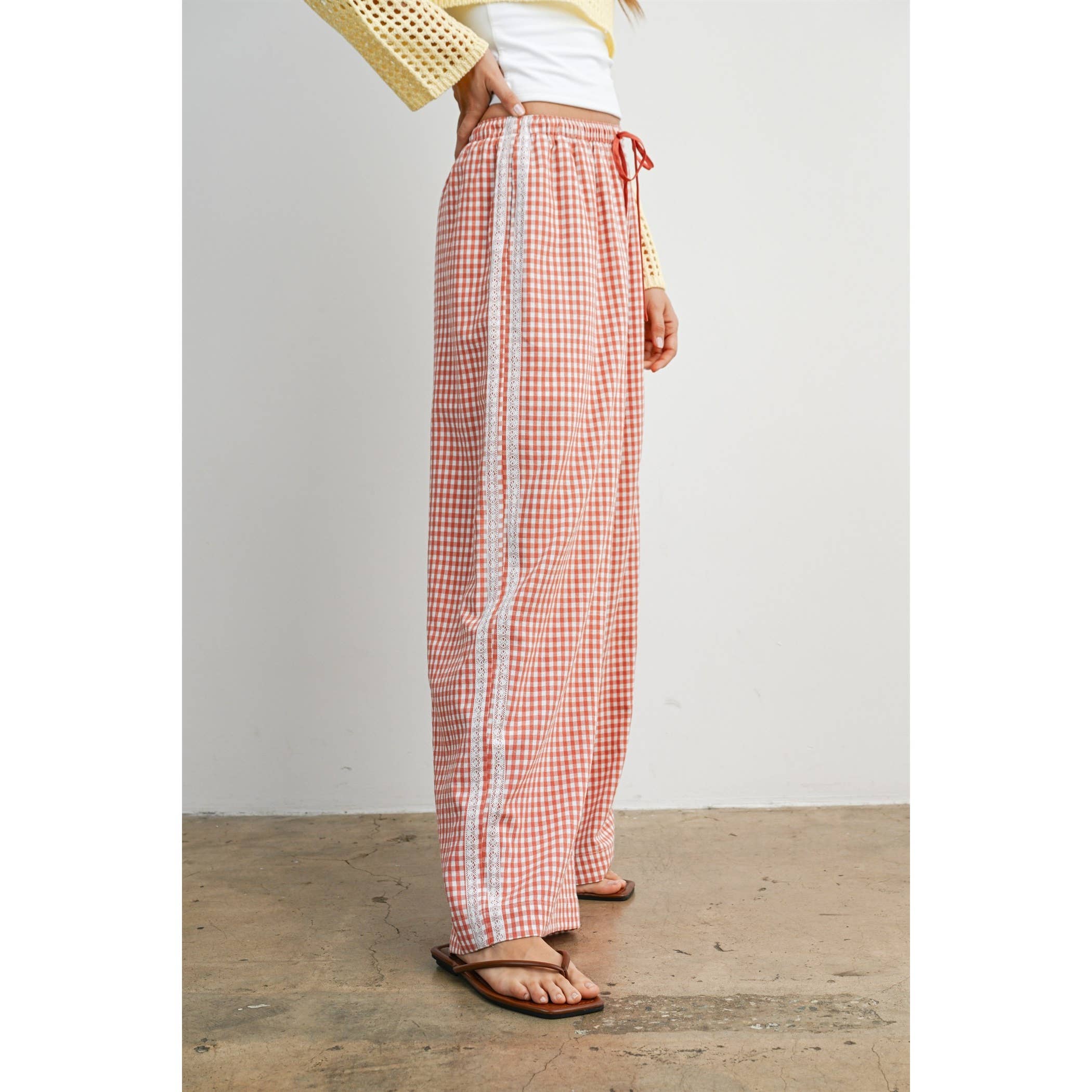 Terracotta Gingham Wide-Leg Lounge Pants-BMP8075