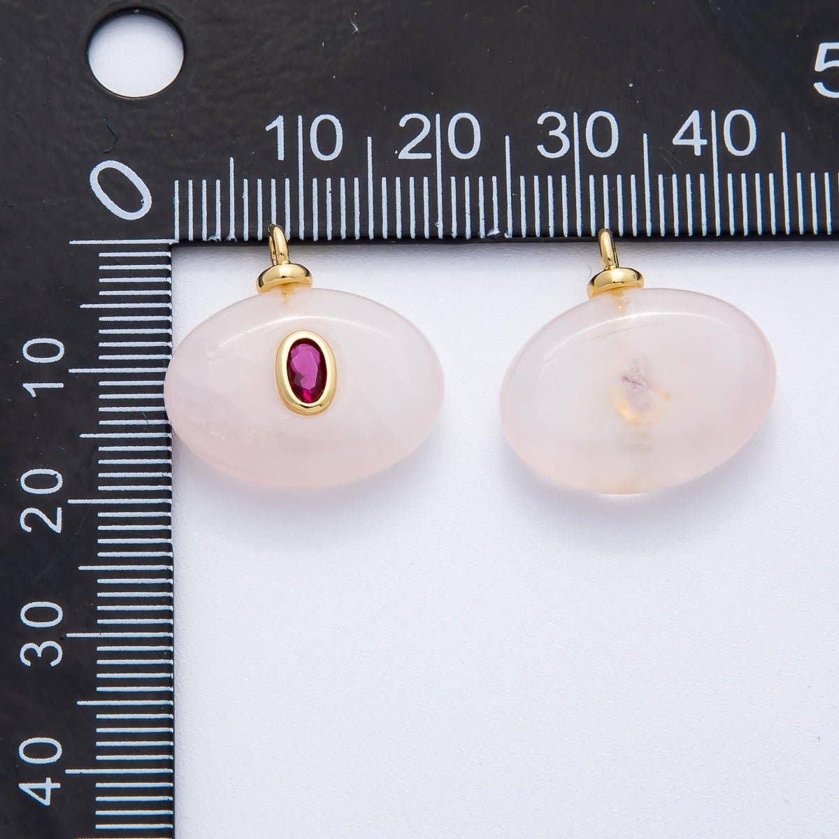18K Gold Filled 20mm Fuchsia CZ Embedded Rose Quartz Oval Gemstone Charm | AF1321