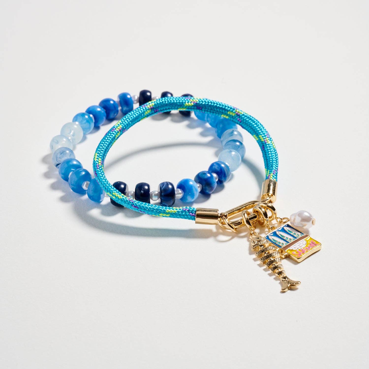Double Layer Beaded Stretch & Cord Bracelet with Gold Tone Charms