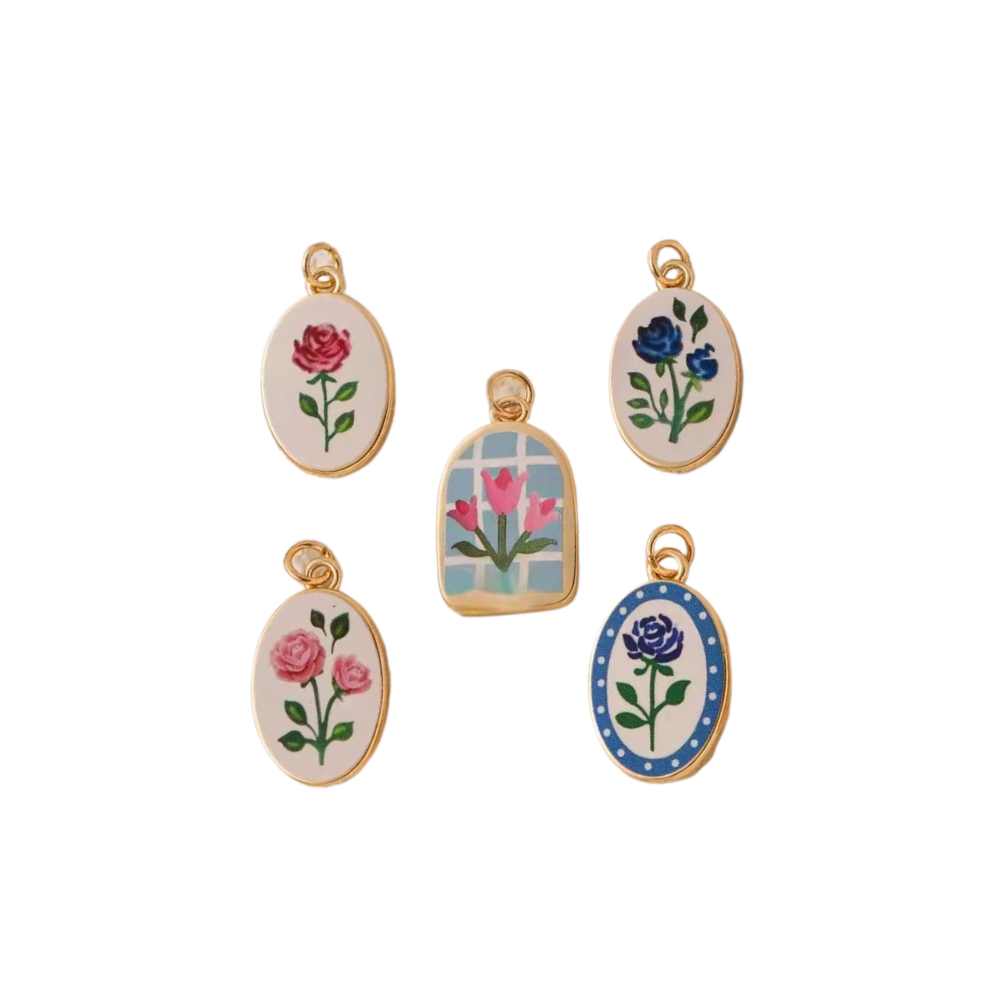 Handpainted Floral Tile Charm - Stainless Steel