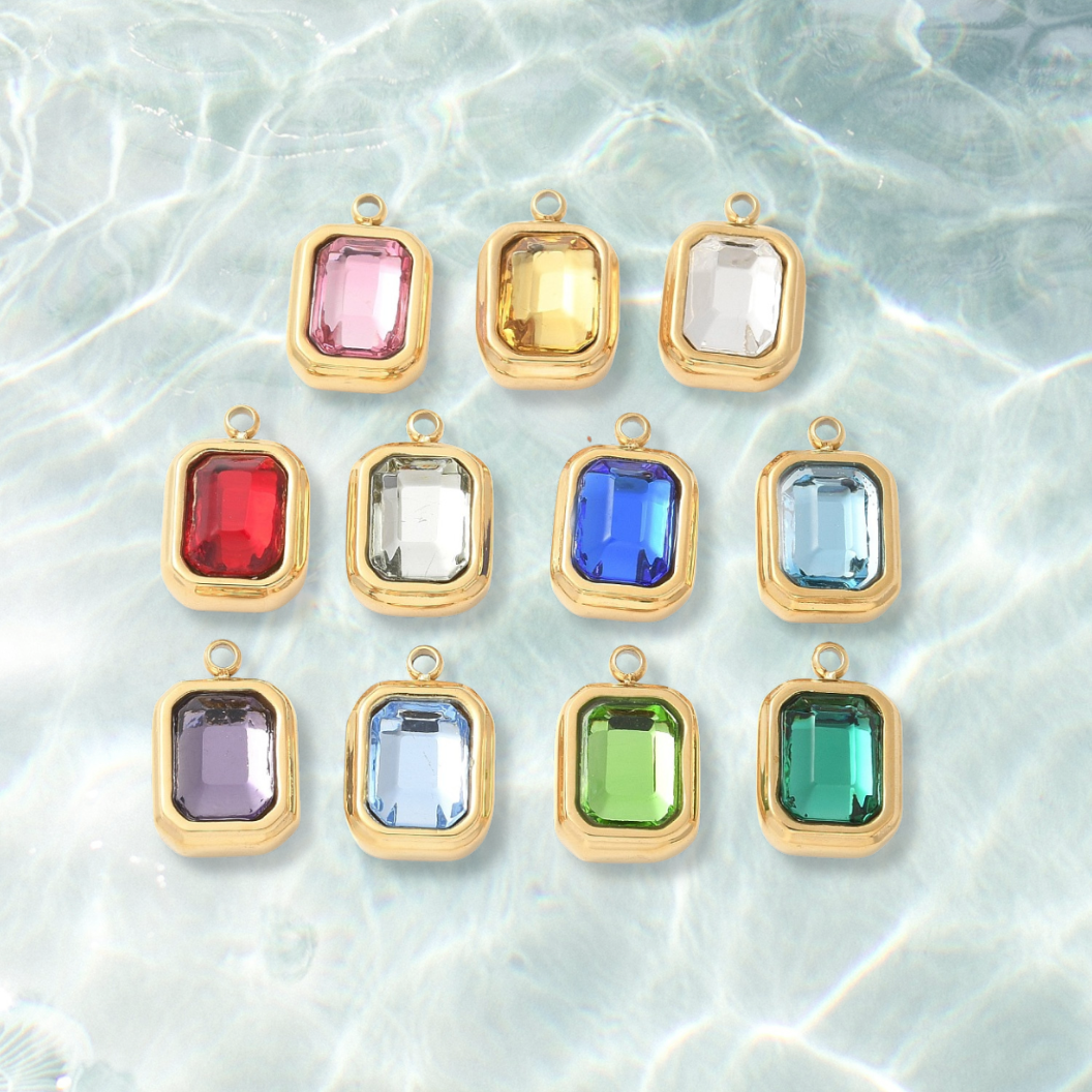 Gold Emerald Cut Assorted Gemstone Charm | Waterproof Stainless Steel