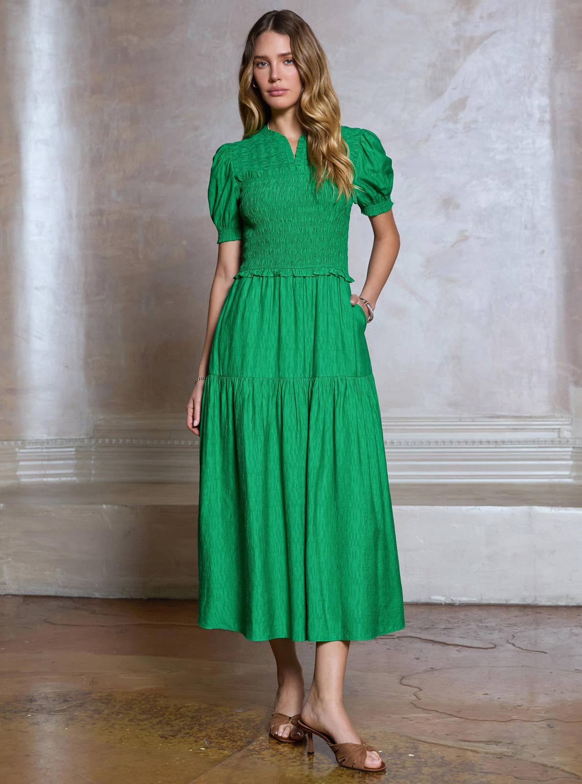 Smocked Short Sleeve Tiered Midi Dress