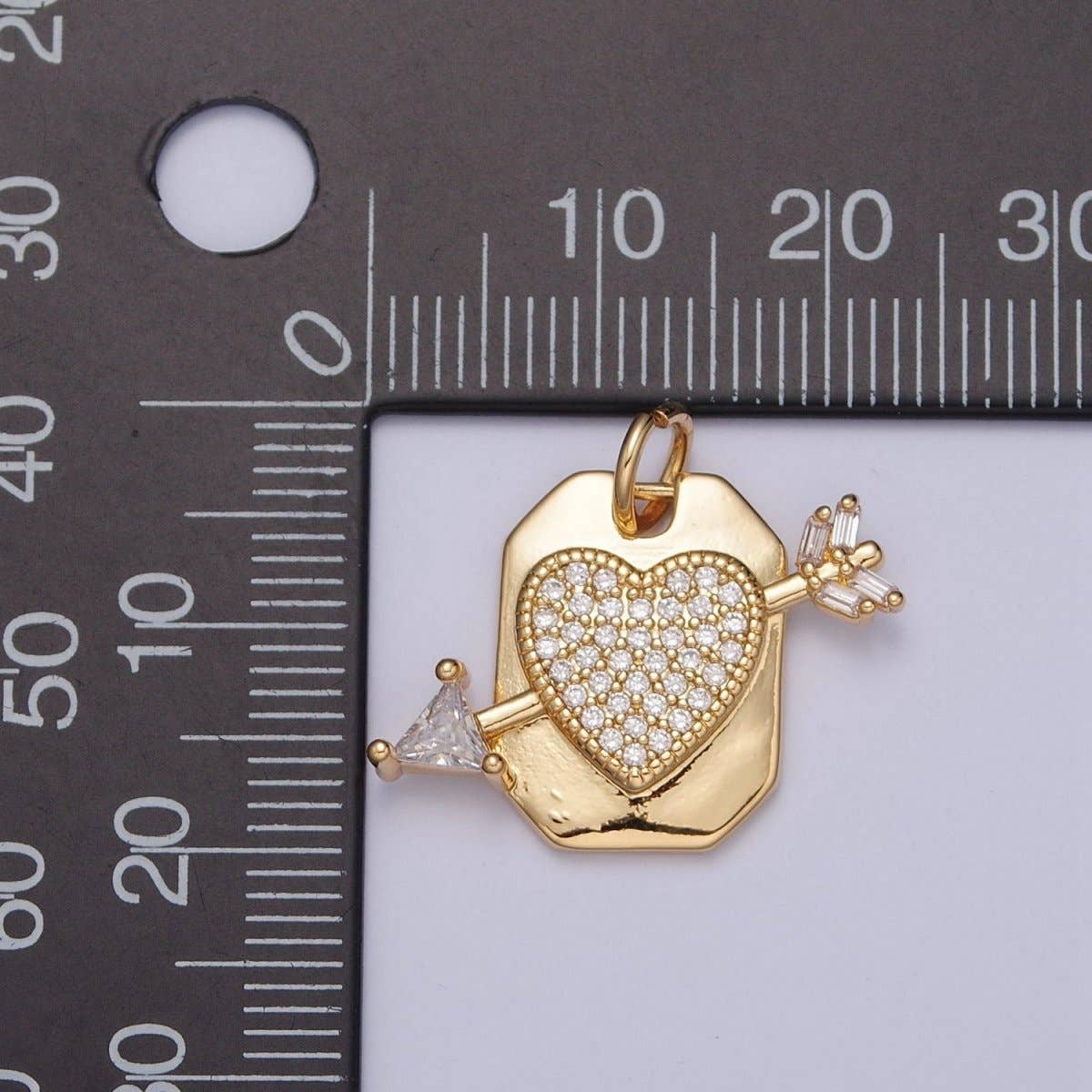 Micro Paved CZ Heart Cupid's Arrow Hexagonal Tag Charm