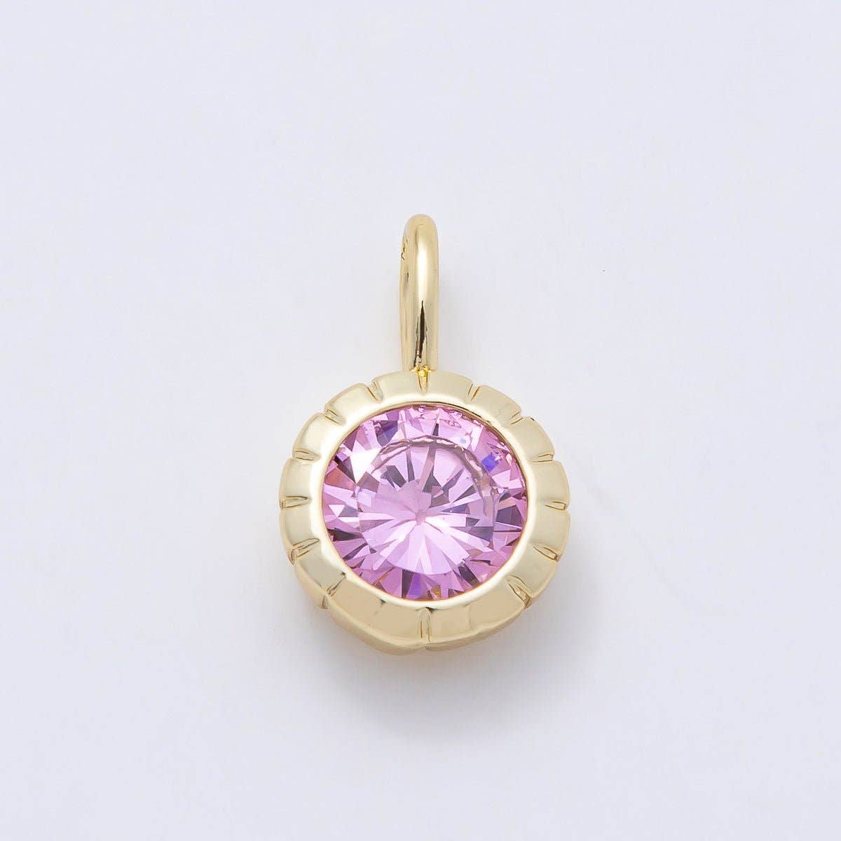 16K Gold Filled 17mm Birthstone Round CZ Ribbed Bezel Mini Pendant | Charms-01113 ~ Charms-01124