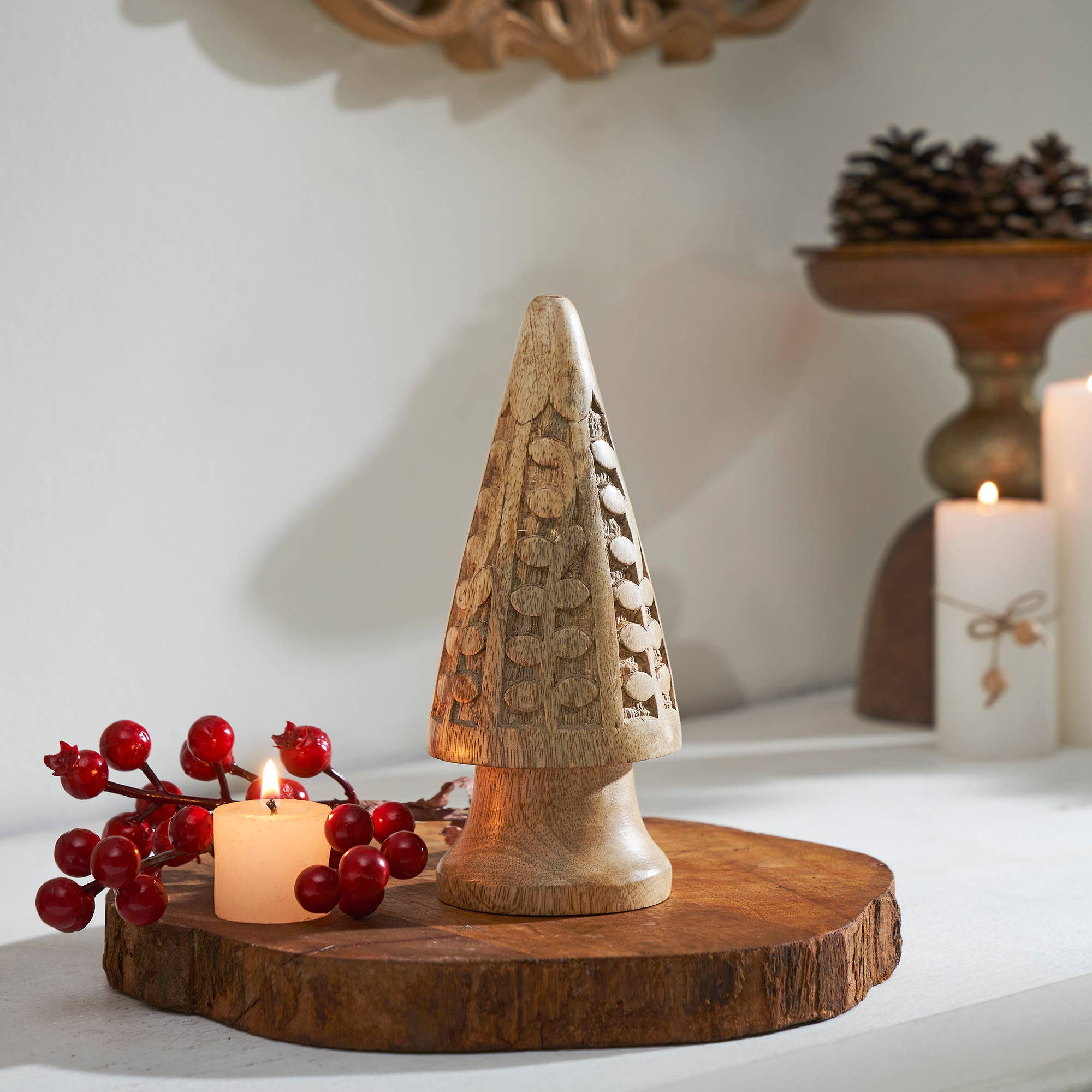 Natural Wooden Carved Cone Tree Small 7.25x3x3