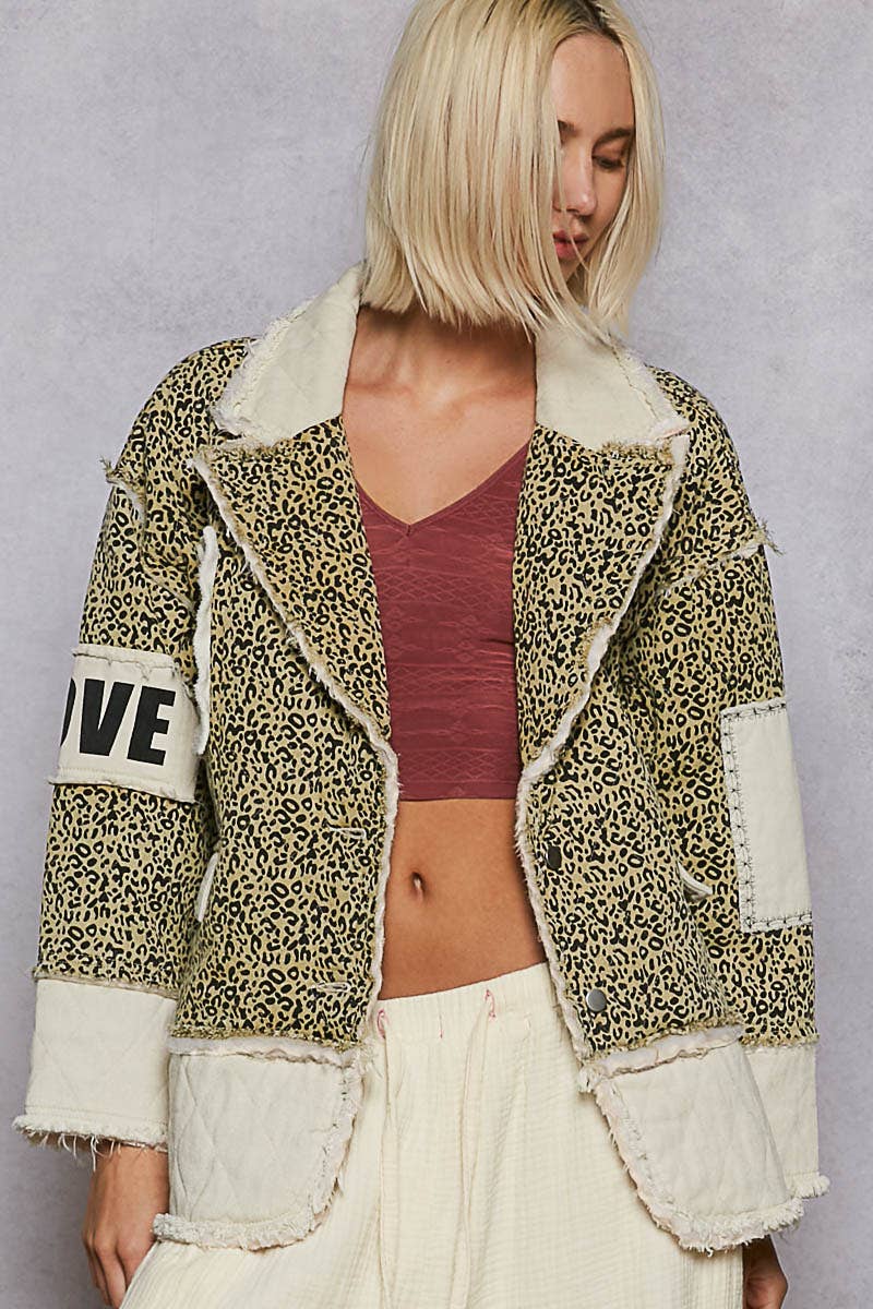 Colorblocked twill patch studded back heart jacket