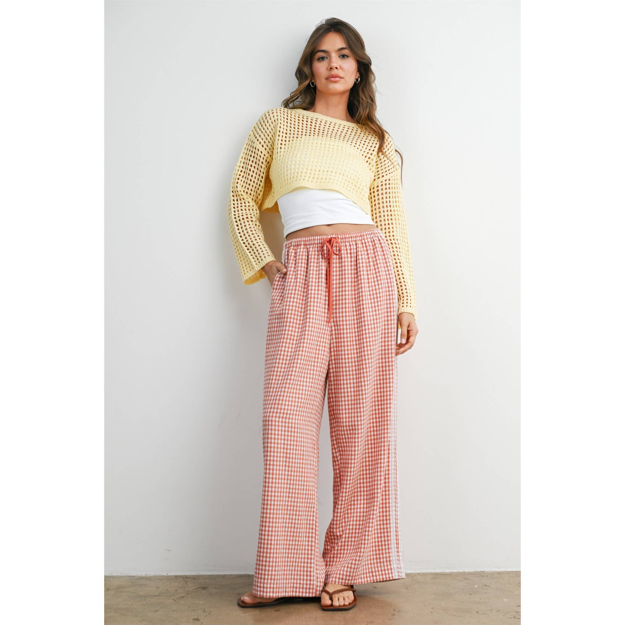 Terracotta Gingham Wide-Leg Lounge Pants-BMP8075