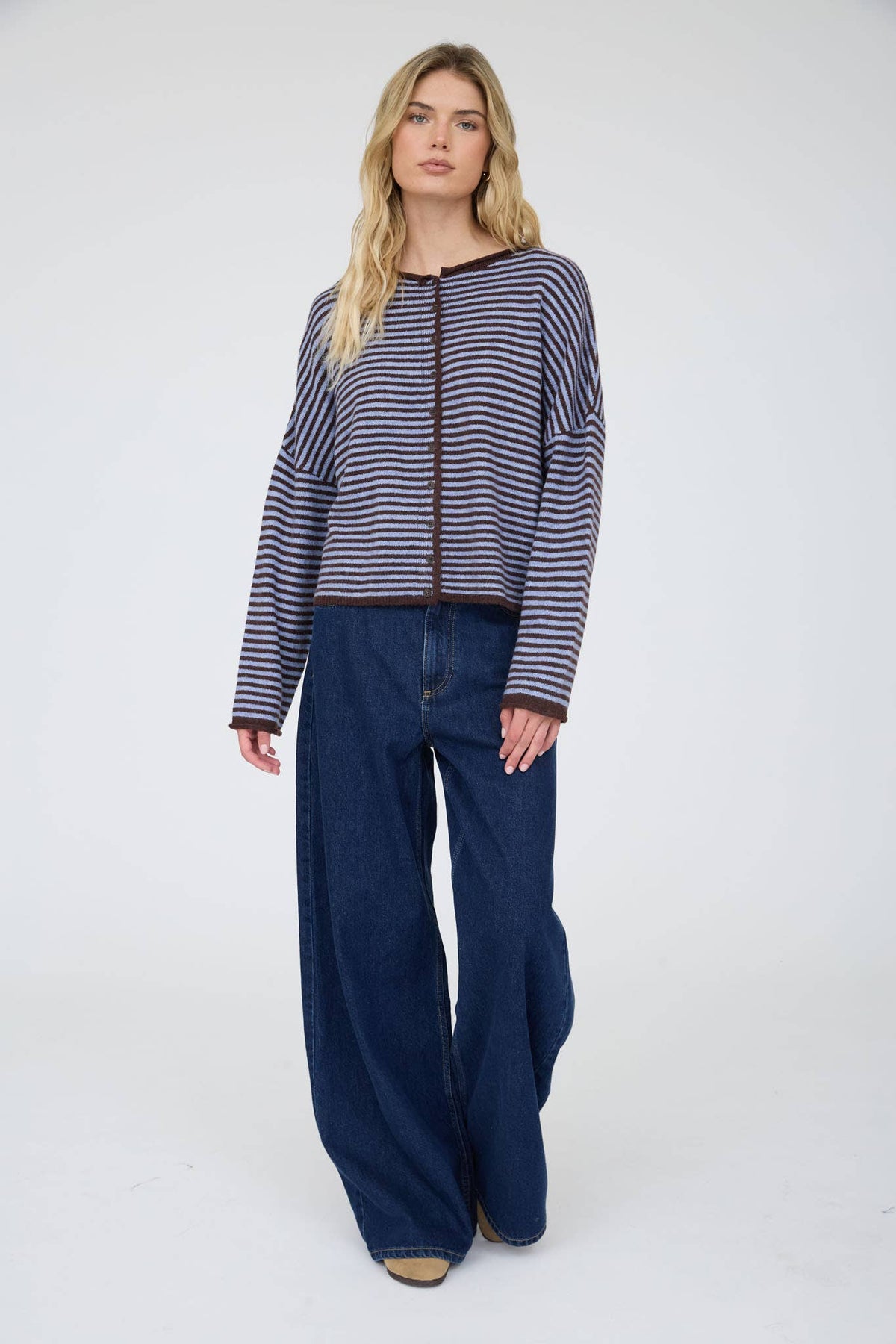 STRIPE RAW EDGE LONG SLEEVE CARDIGAN