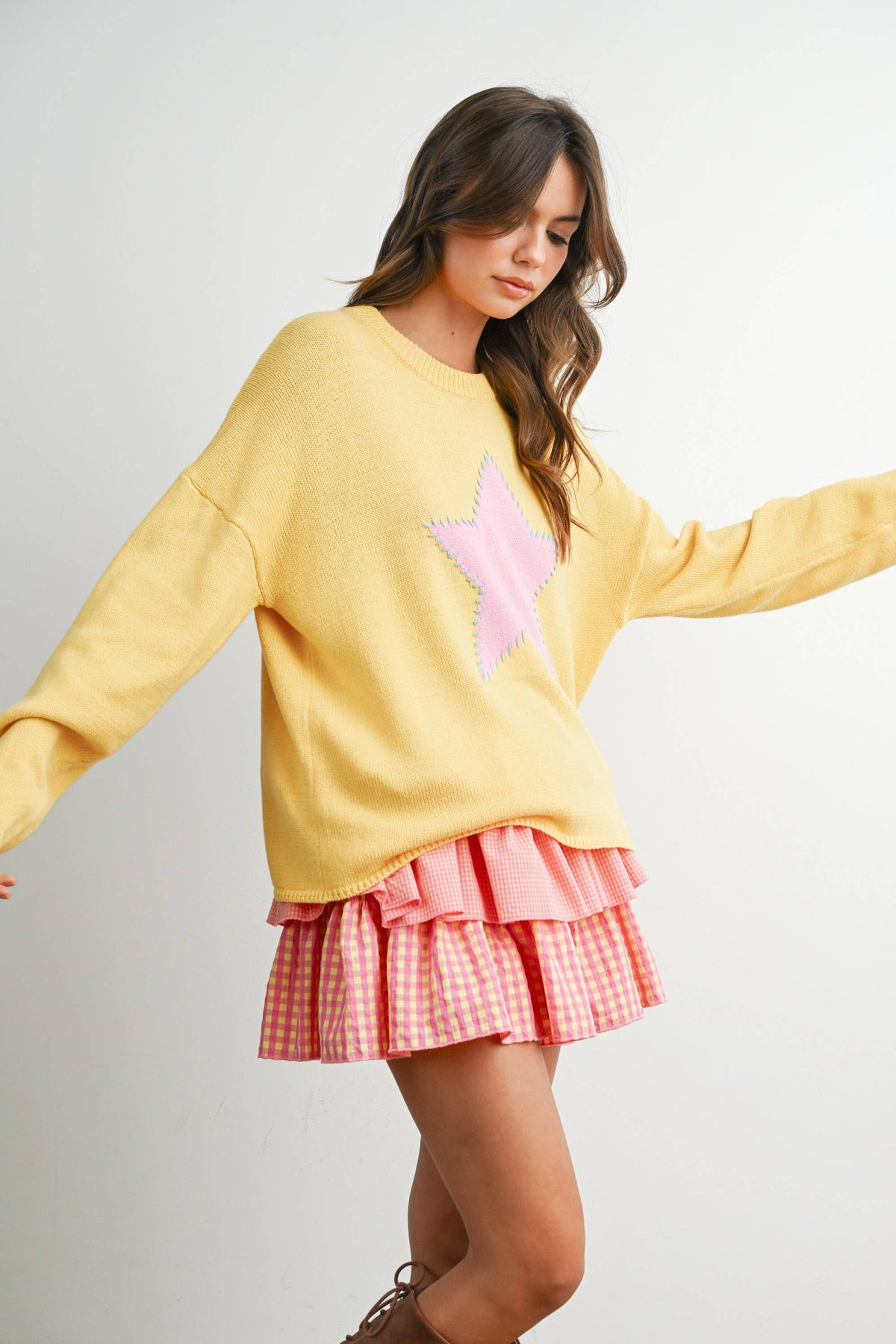 Drop Shoulder Star Pattern Sweater - BMW7756