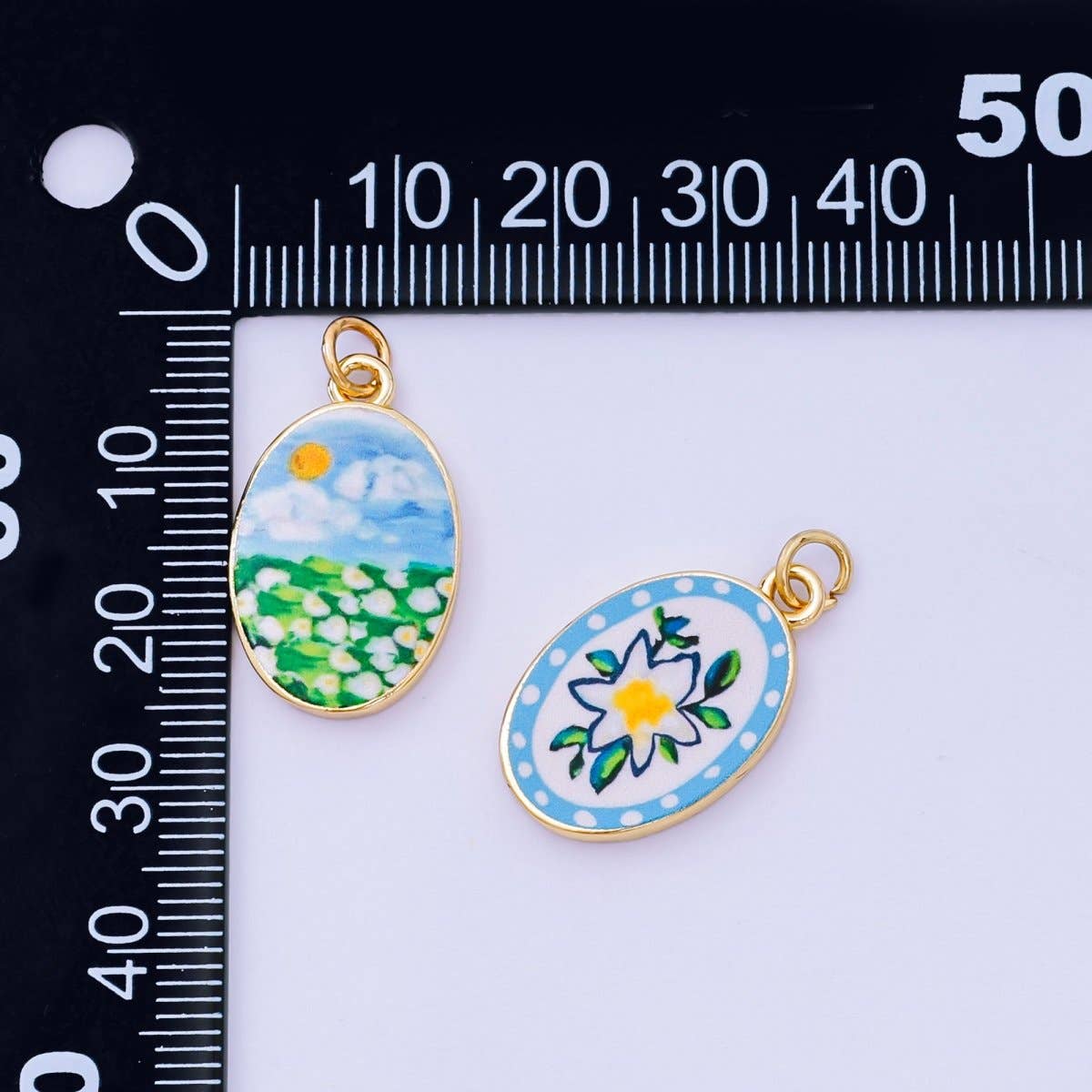 24K Gold Filled Enamel Art Oval Spring Charm in Flower, Butterfly, & Nature