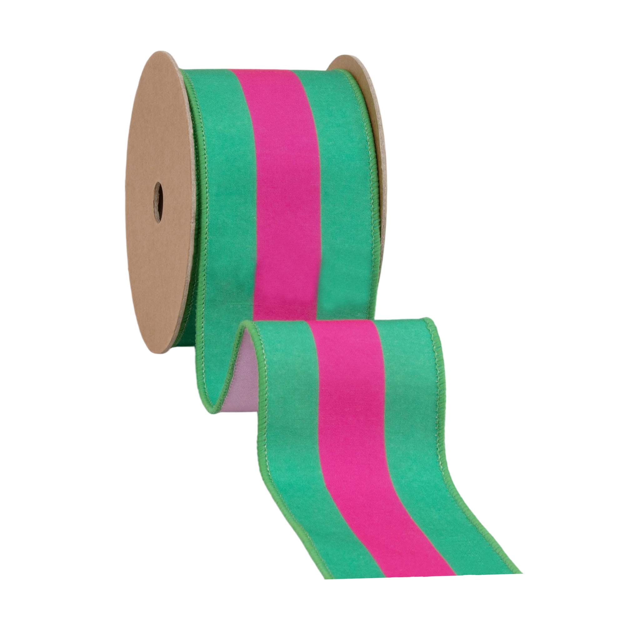 Wired Dupioni Ribbon Hot Pink Green Stripe 10 Yard Roll