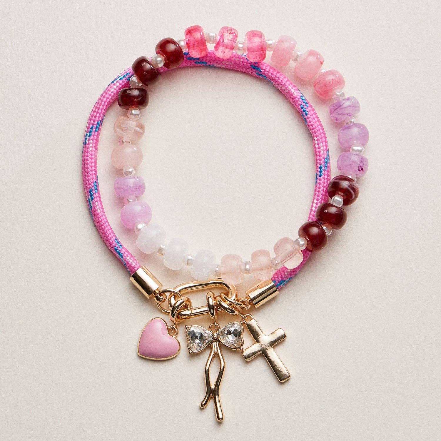 Double Layer Beaded Stretch & Cord Bracelet with Gold Tone Charms