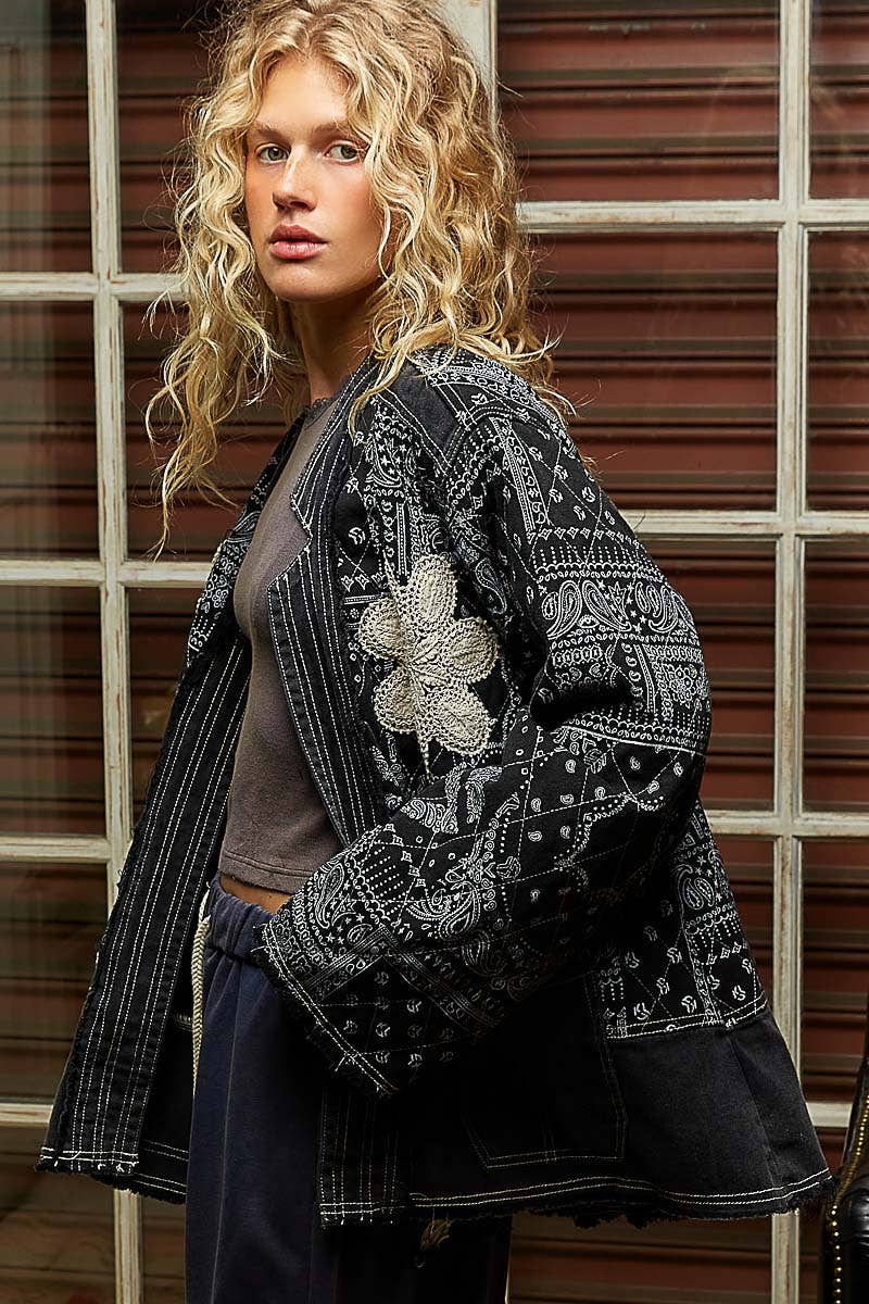 Paisley Pattern Patch Detail Quilted Woven Twill Jacket