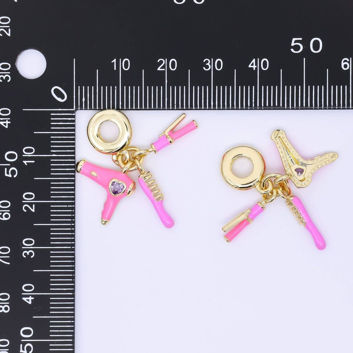 24K Gold Filled 16mm Pink Hair Blower Straightener Comb Beauty Set Rondelle Drop Charm | AC1620