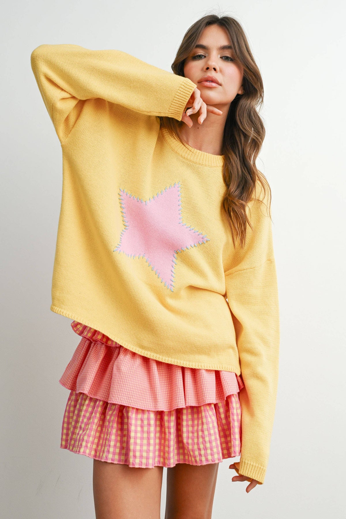 Drop Shoulder Star Pattern Sweater - BMW7756