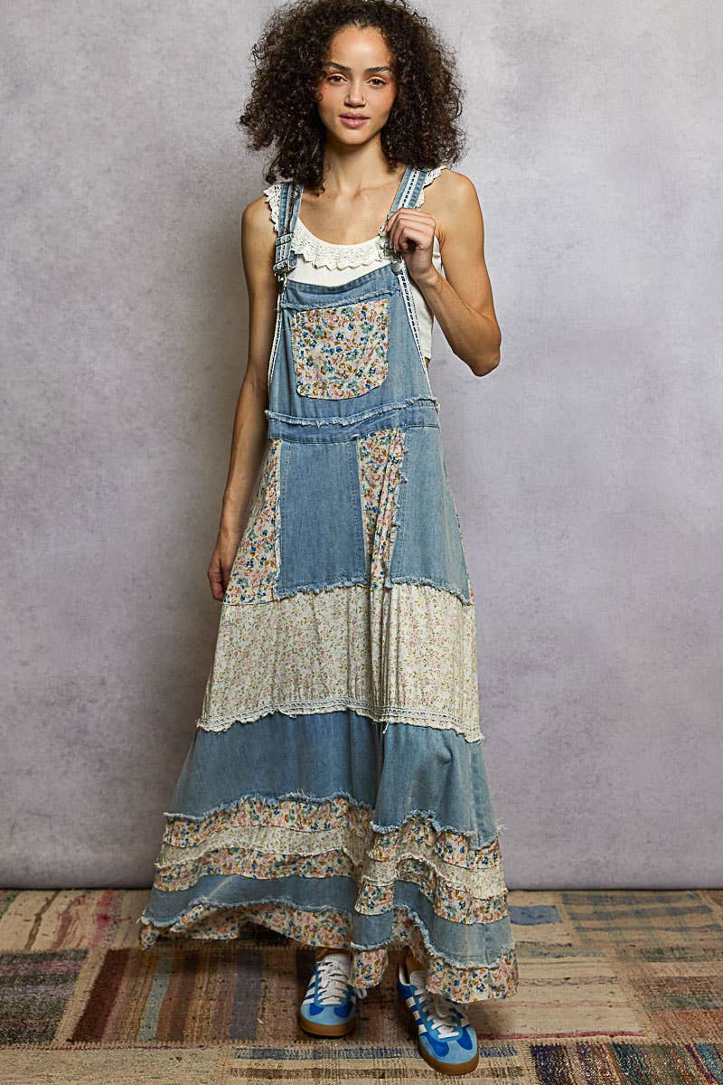 Vintage washed front pocket floral contrast dress