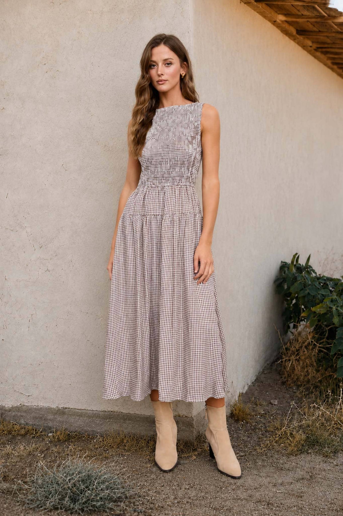 SMOCKED GINGHAM TIERED SLEEVELESS MIDI DRESS