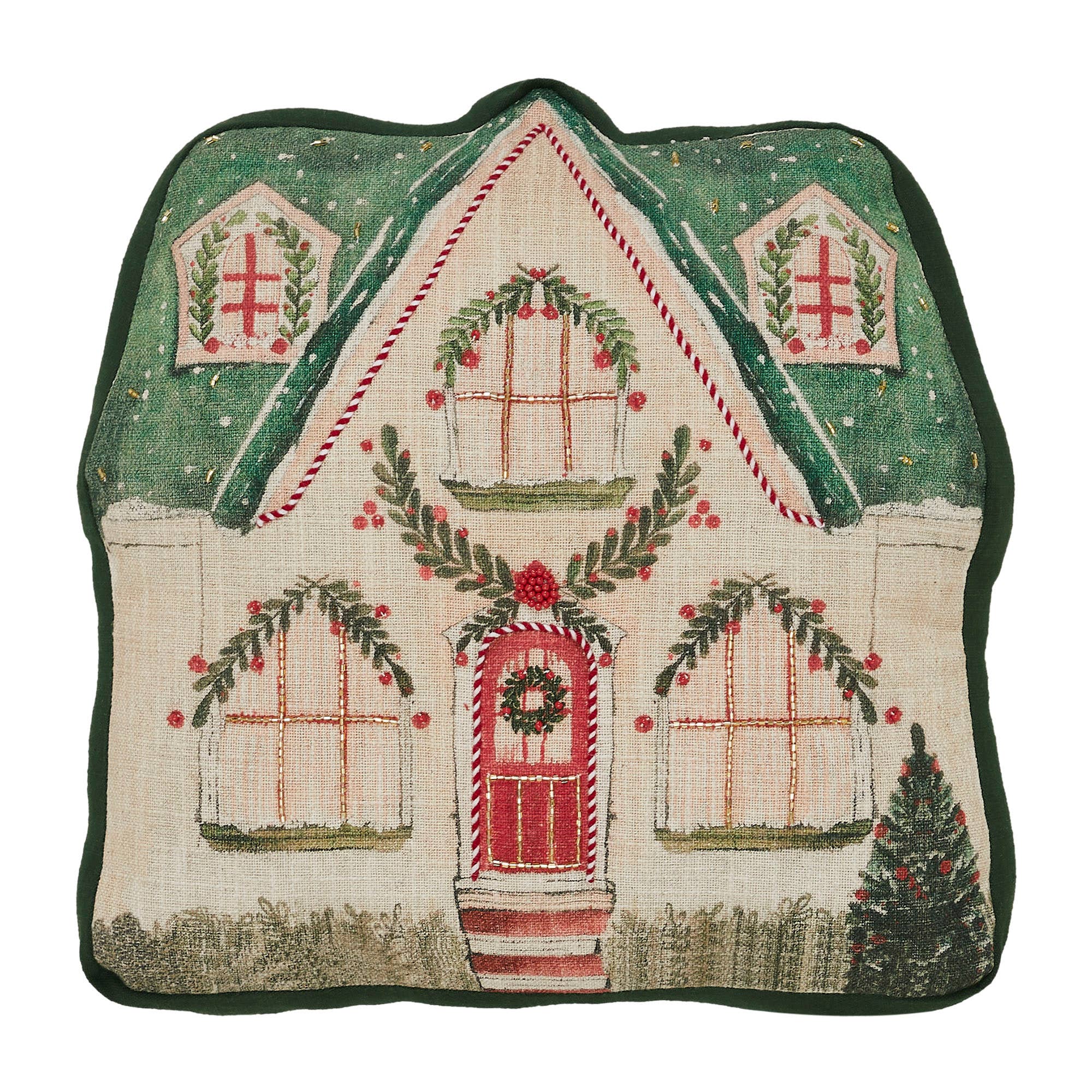 Christmas Cottage Pillow with Beads 14x14