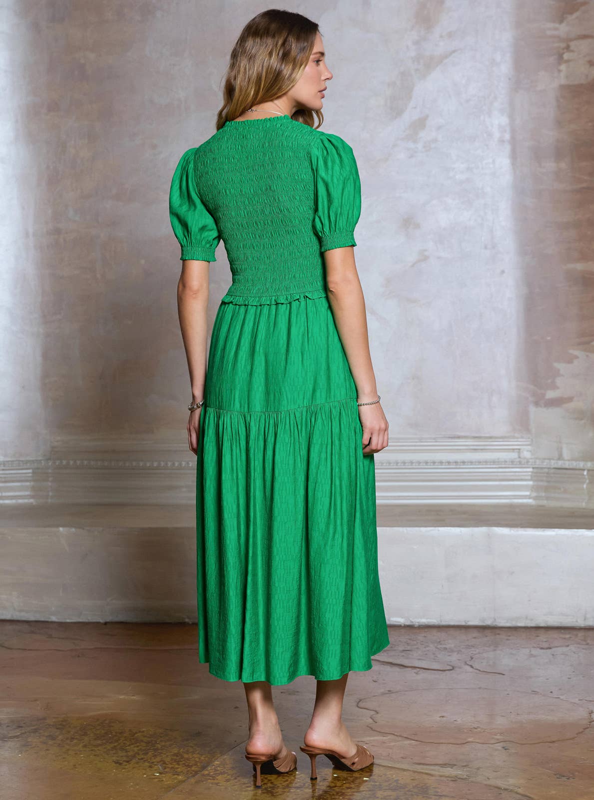 Smocked Short Sleeve Tiered Midi Dress