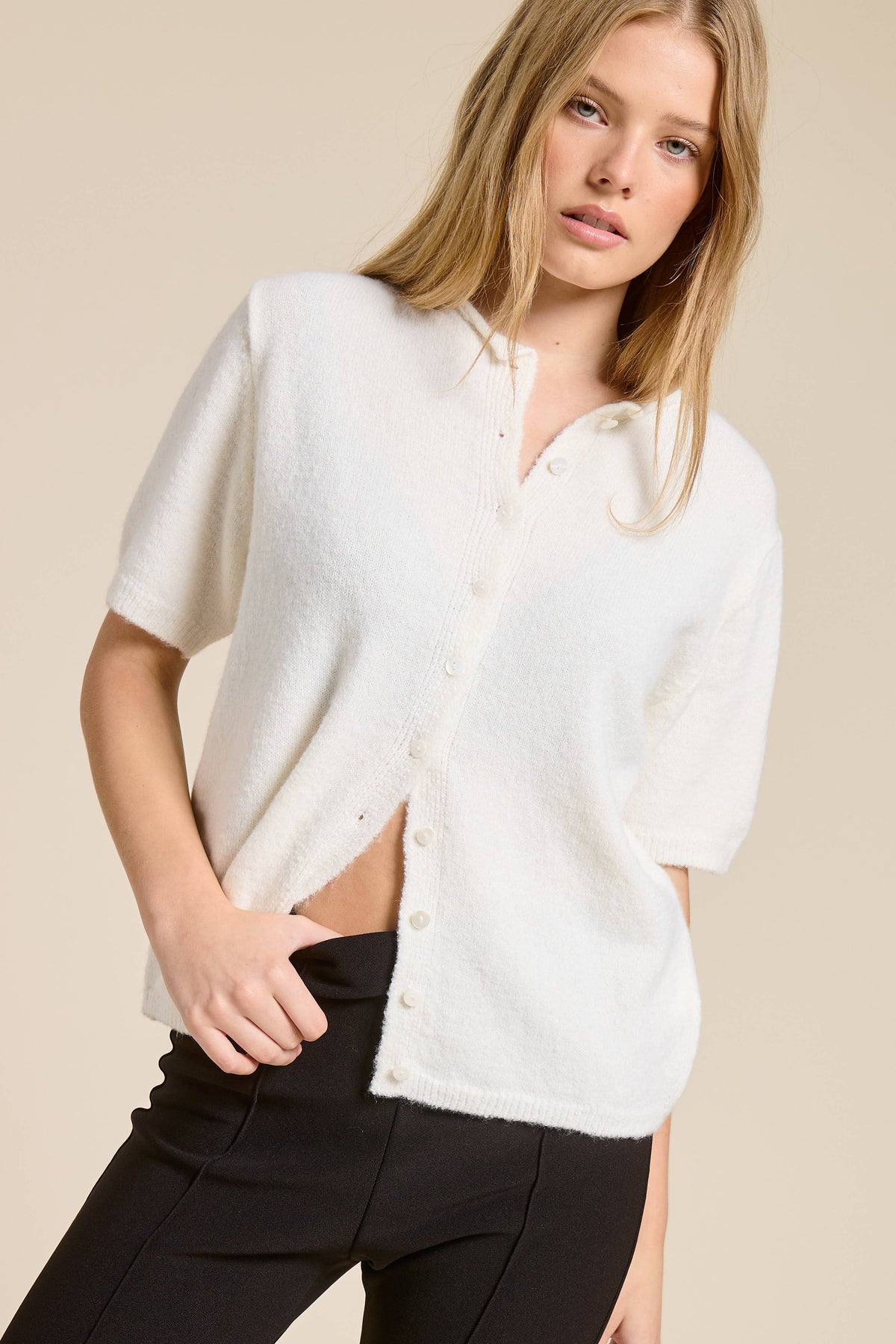 Open-Pack Short Sleeve Button Down Cardigan Top
