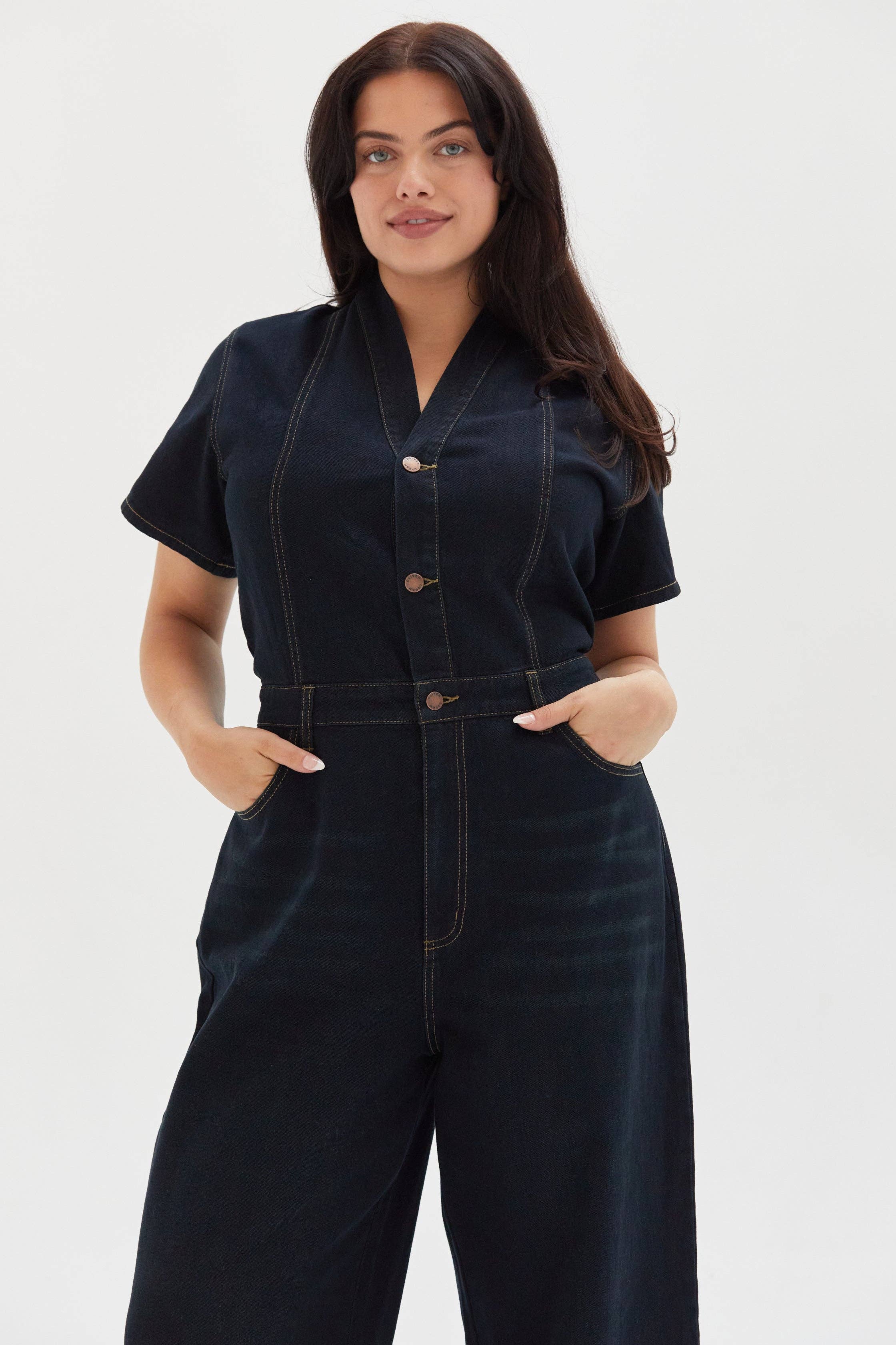 Ashby Short Sleeve Denim Coverall Jumpsuit