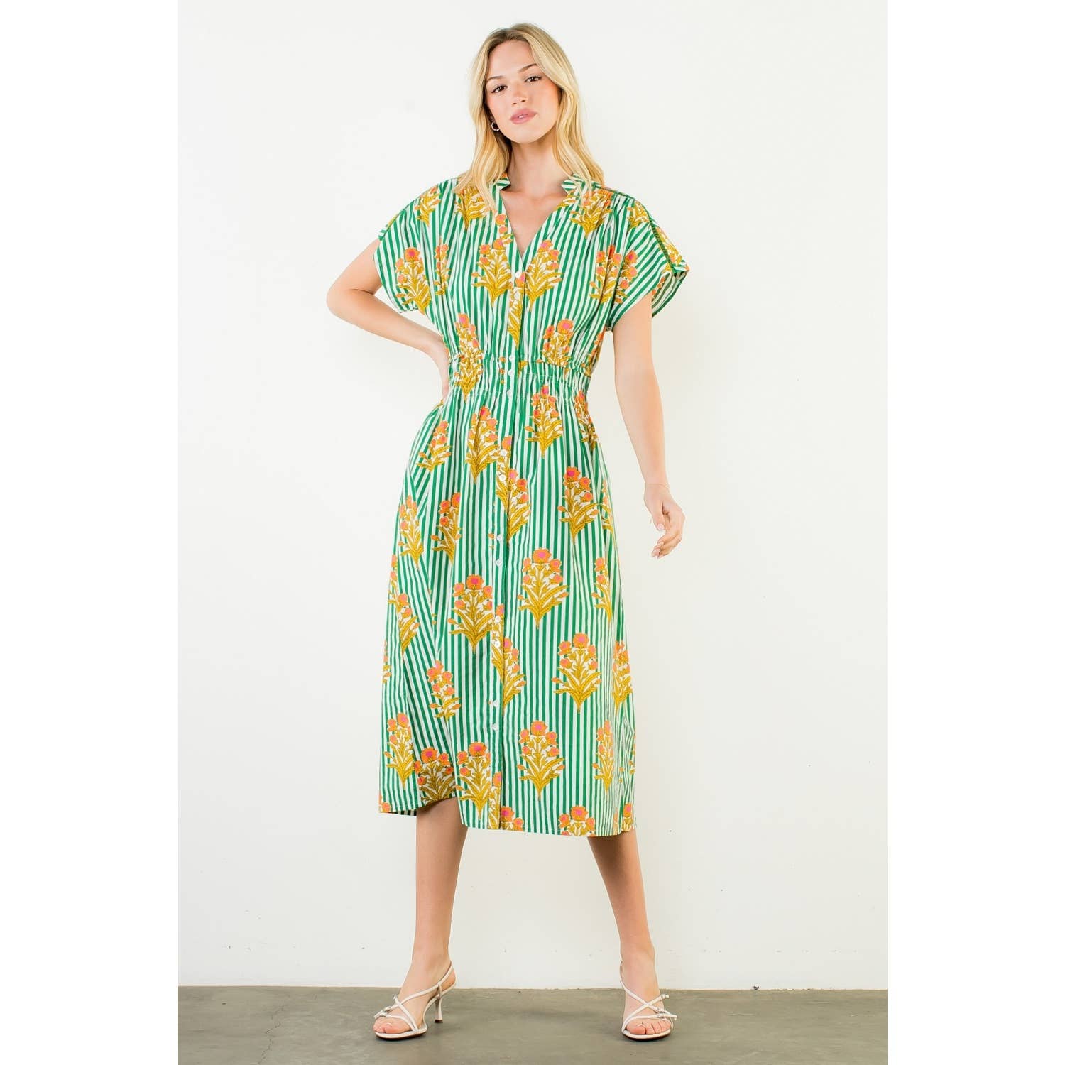 Short Sleeve Striped Floral Pattern Dress