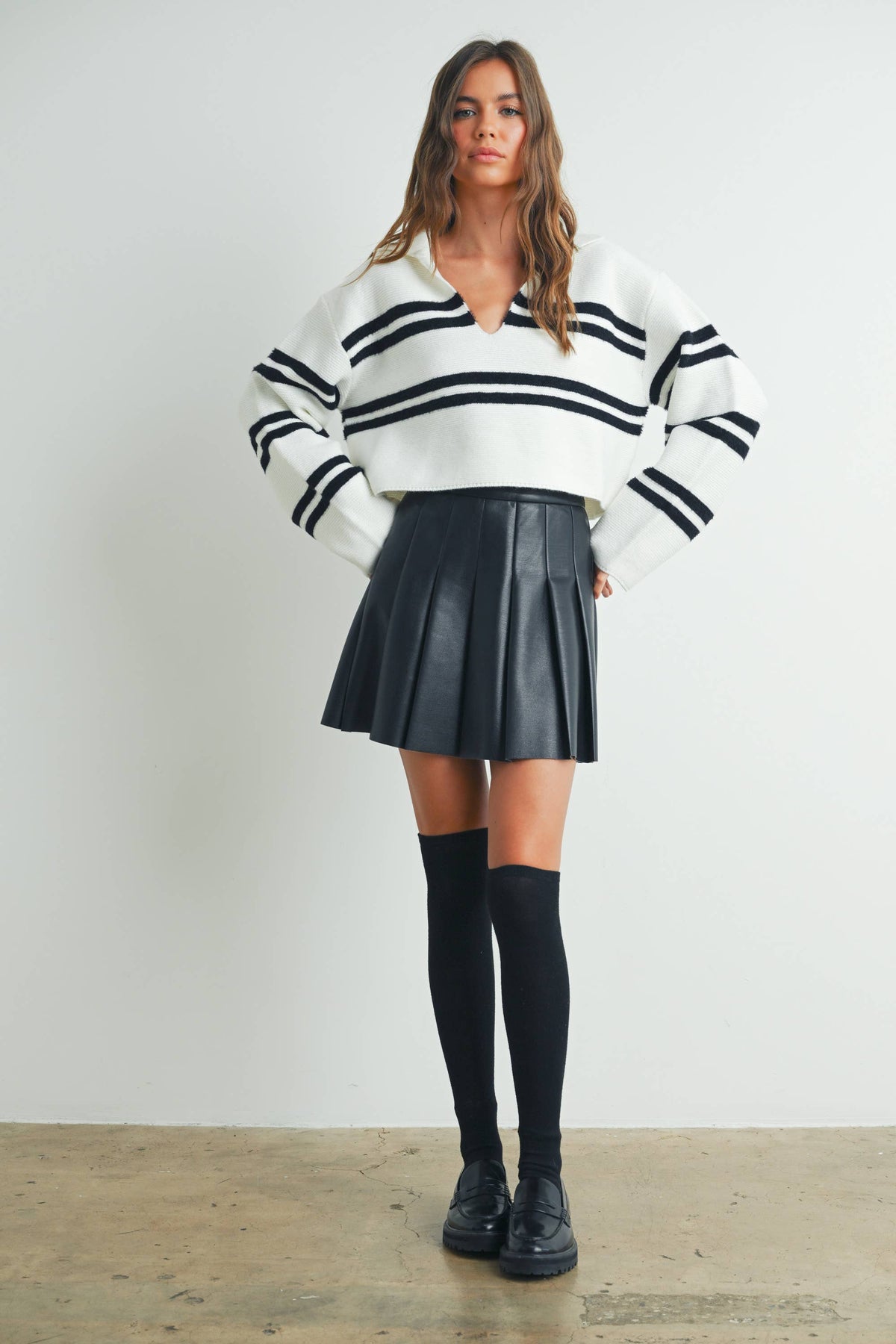 Stripe Crop Collar Sweater Top - BMW7393