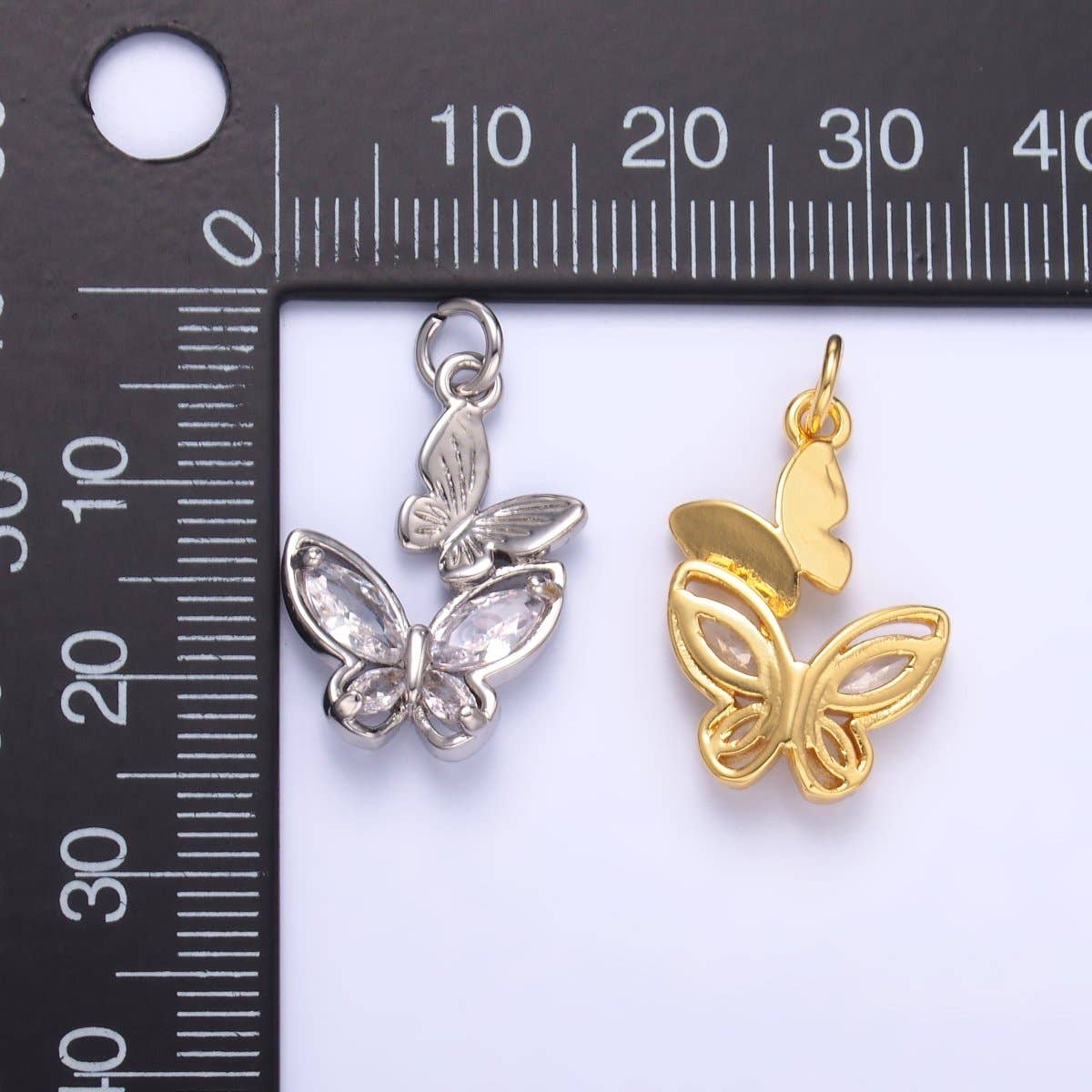 24K Gold Filled CZ Butterfly Double Charm in Gold & Silver | N075