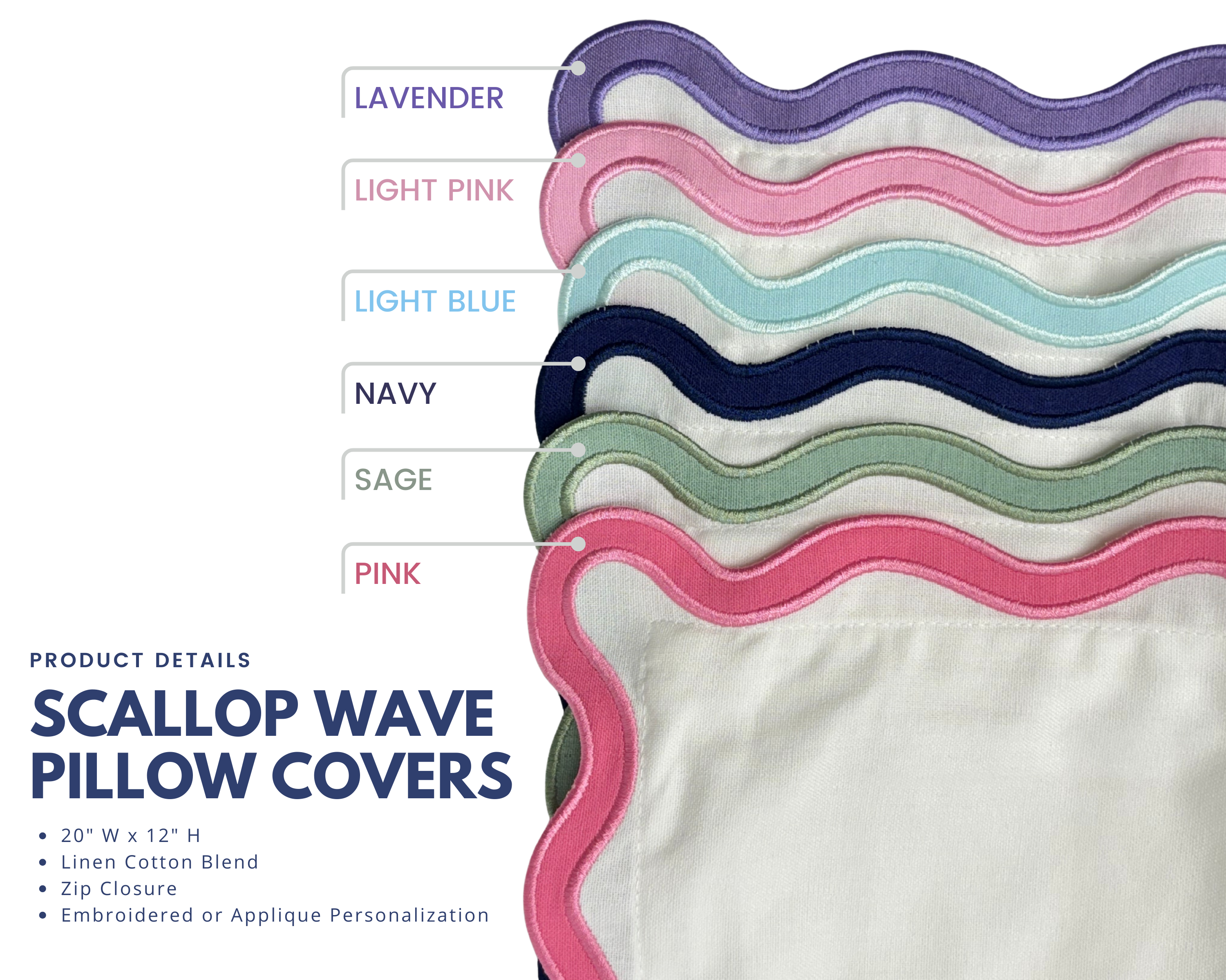 Scallop Wave Pillow Cover Sham for Monograms & Embroidery
