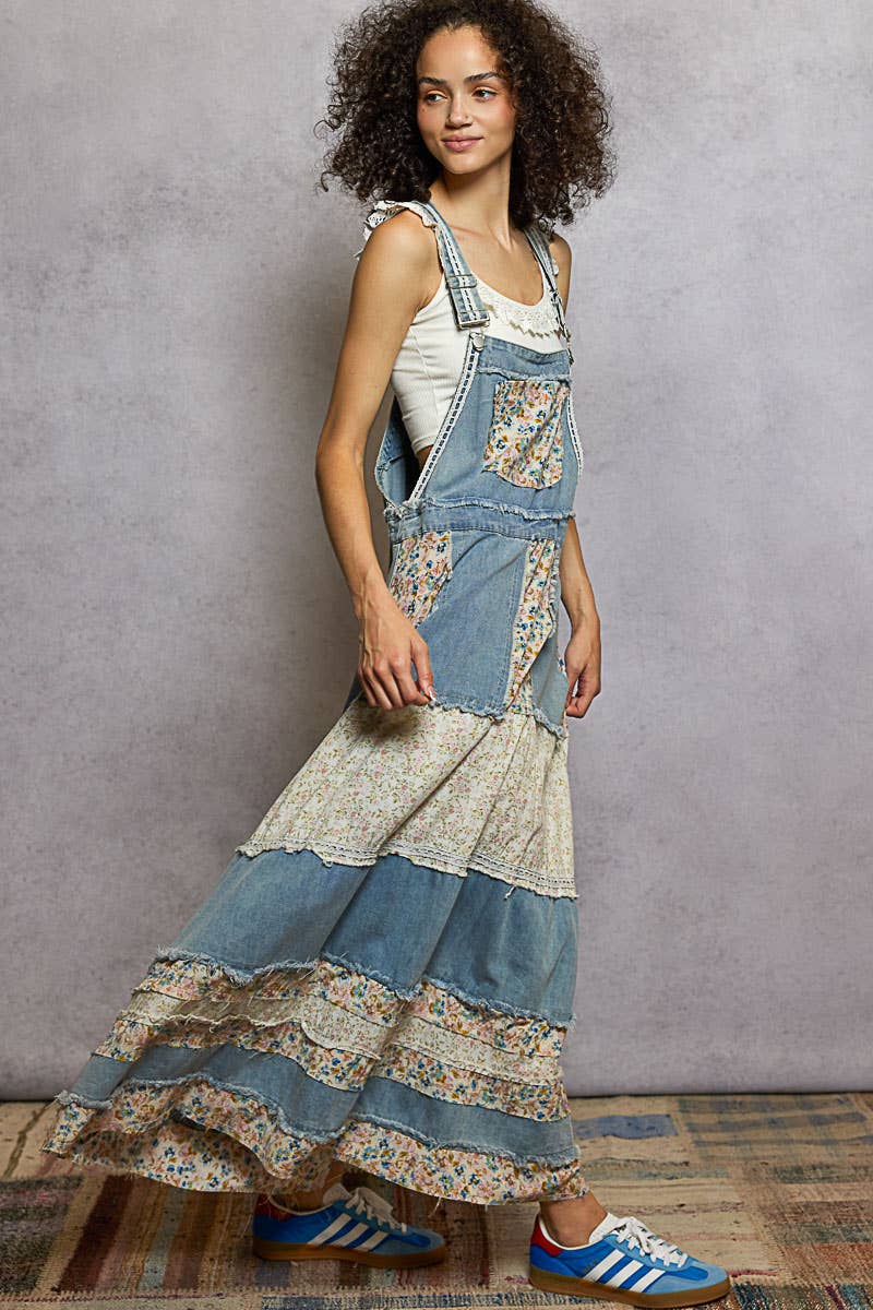 Vintage washed front pocket floral contrast dress