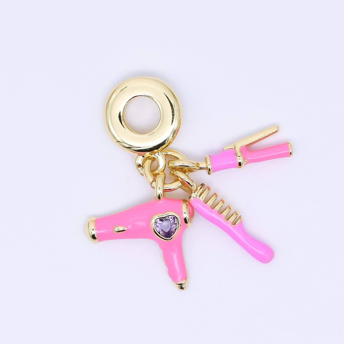 24K Gold Filled 16mm Pink Hair Blower Straightener Comb Beauty Set Rondelle Drop Charm | AC1620