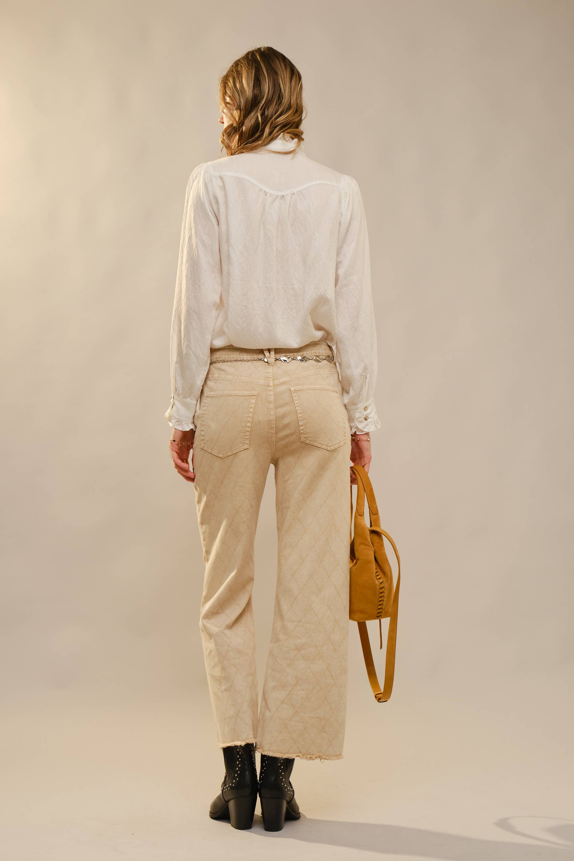 Ruffle Neck Denim Snap Button Shirt