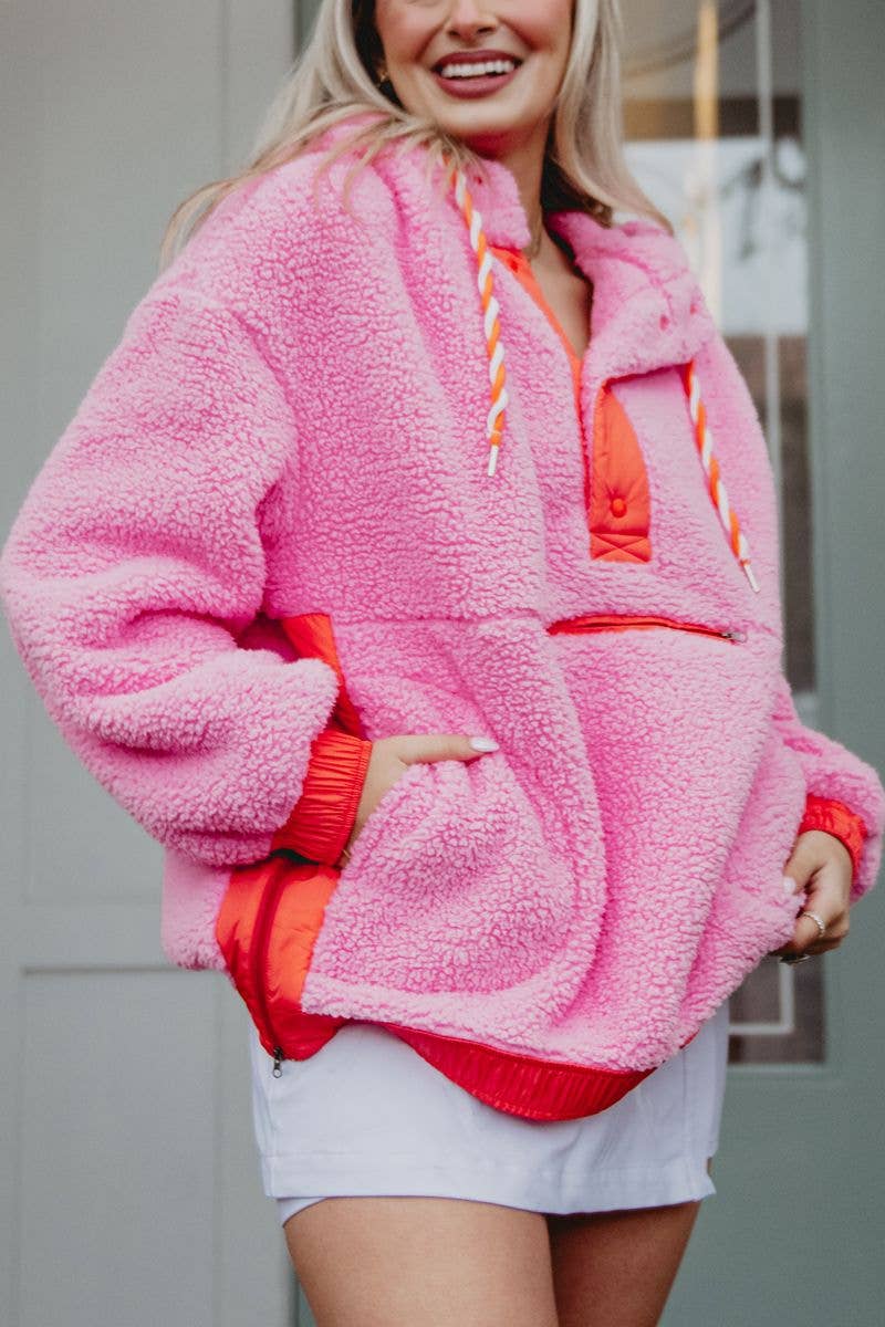 Pink Two-Toned Sherpa Pullover Hoodies
