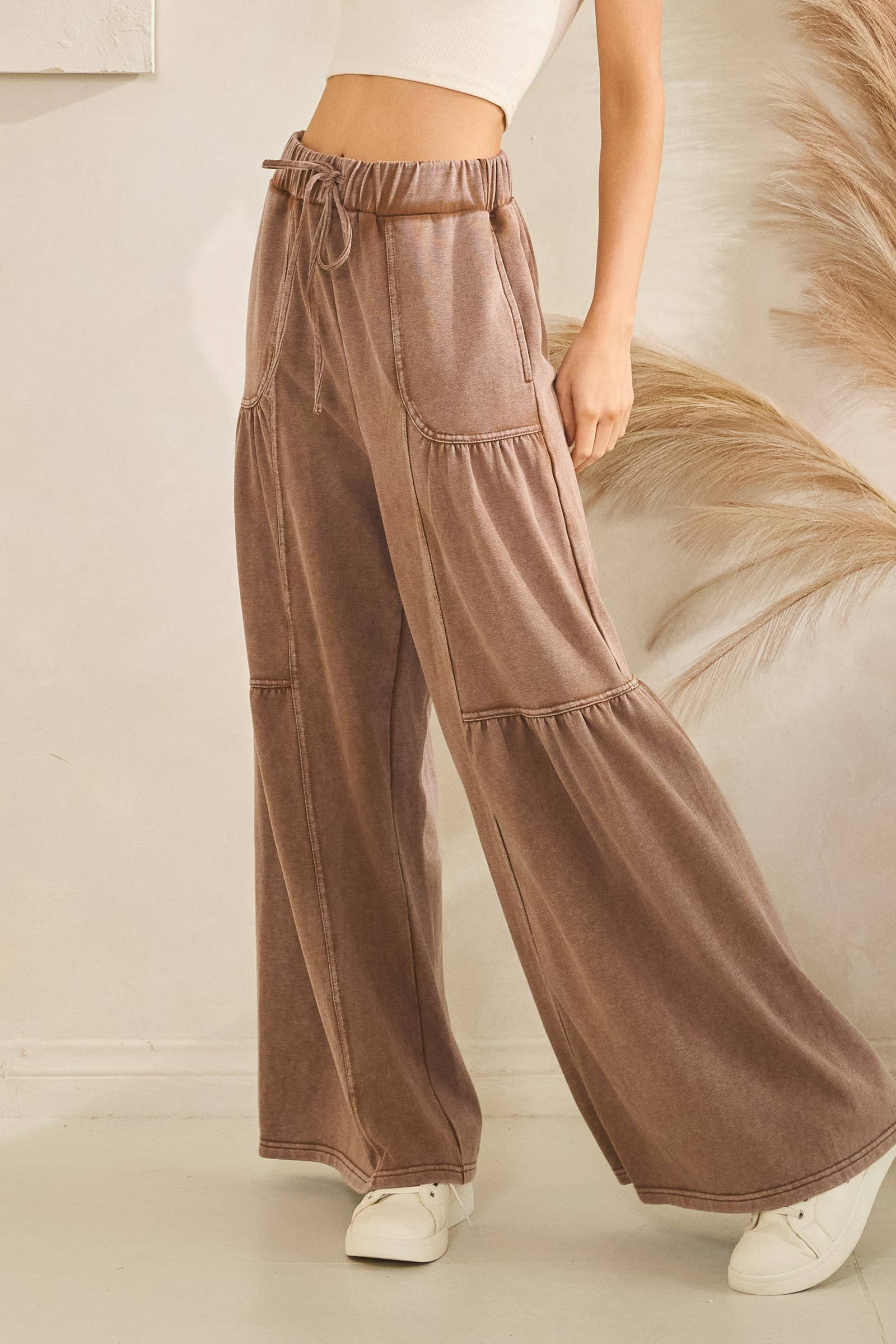 WASHED TIERED WIDE-LEG DRAWSTRING PANTS