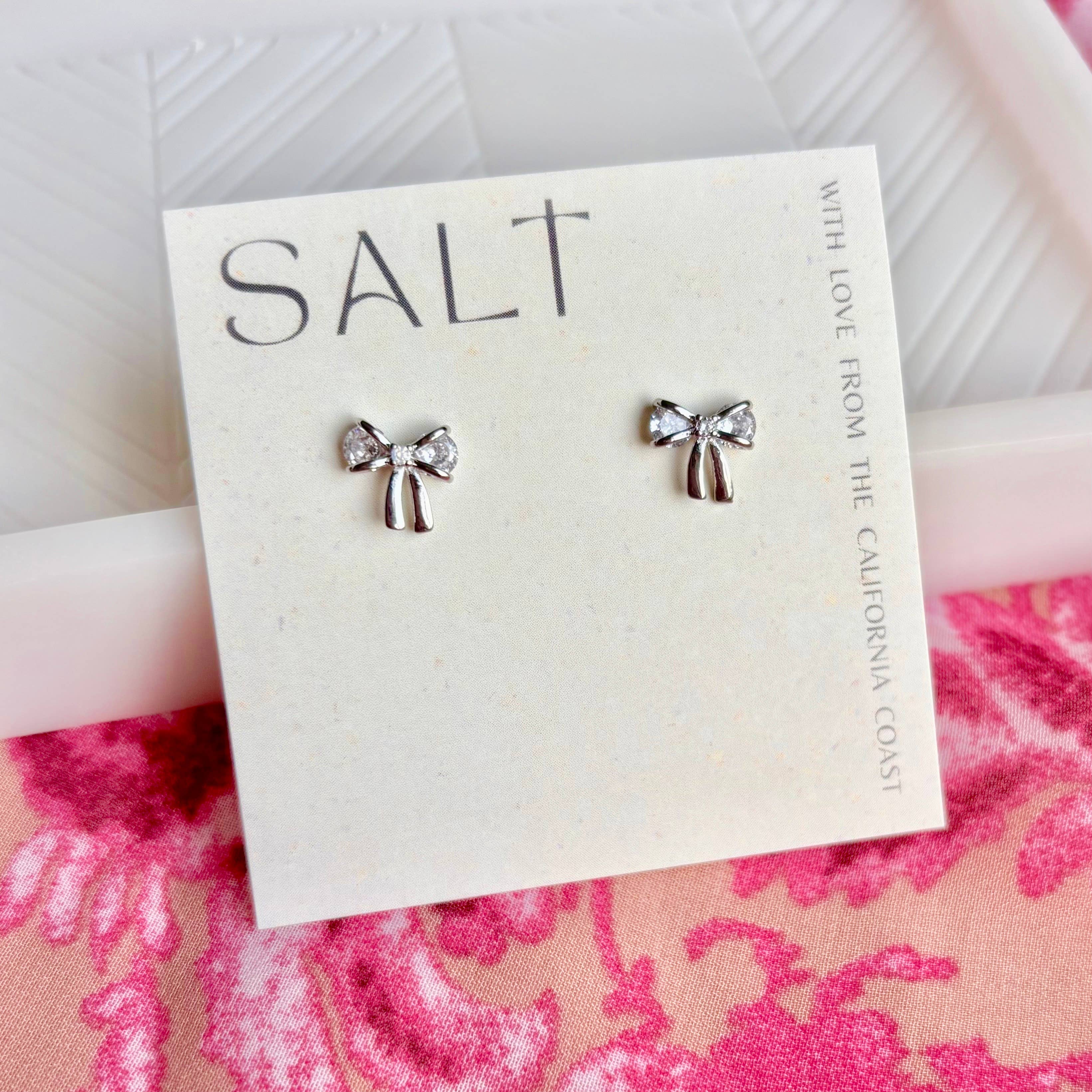 SILVER BOW STUDS | dainty crystal bow stud earrings