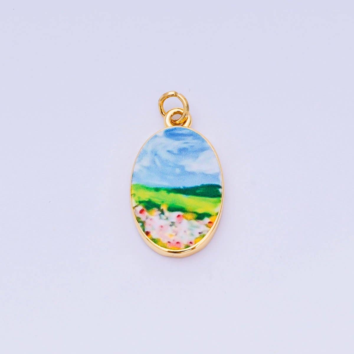 24K Gold Filled Enamel Art Oval Spring Charm in Flower, Butterfly, & Nature