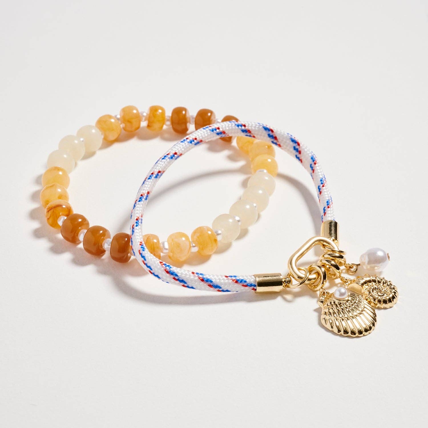 Double Layer Beaded Stretch & Cord Bracelet with Gold Tone Charms