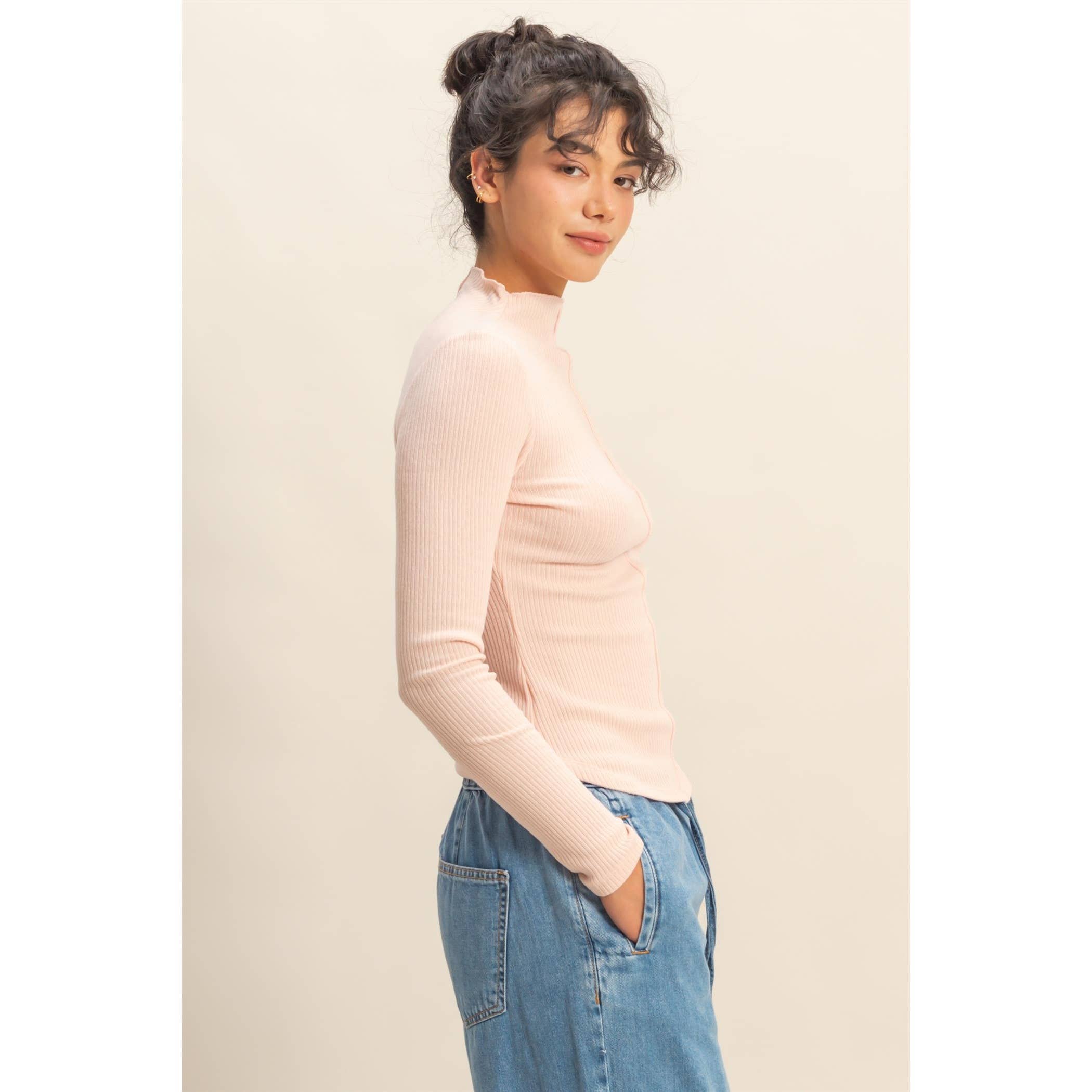 Ribbed High Neck Seam Detail Long Sleeve Top