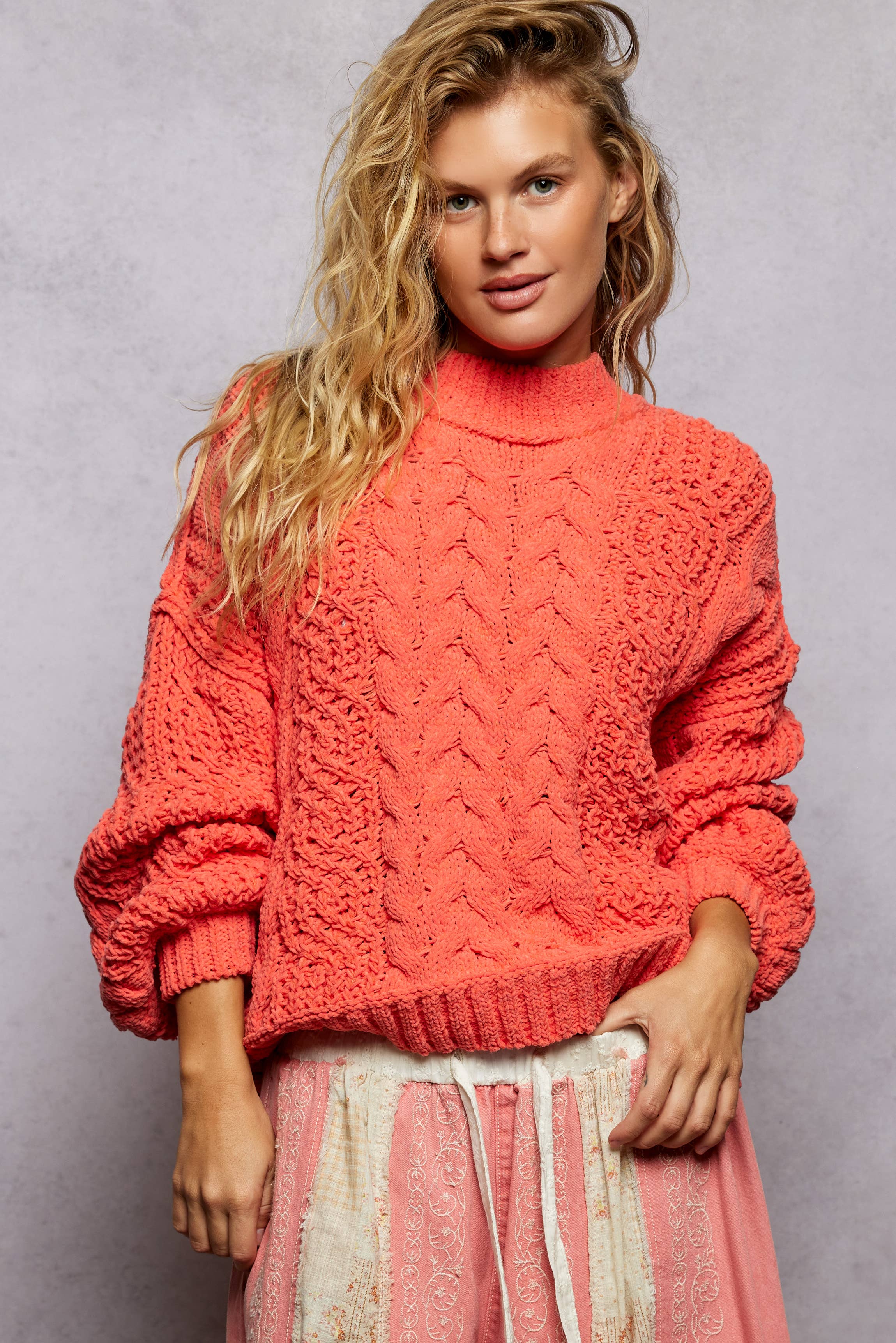 Mock Neck Balloon Sleeve Cable Knit Pullover Sweater