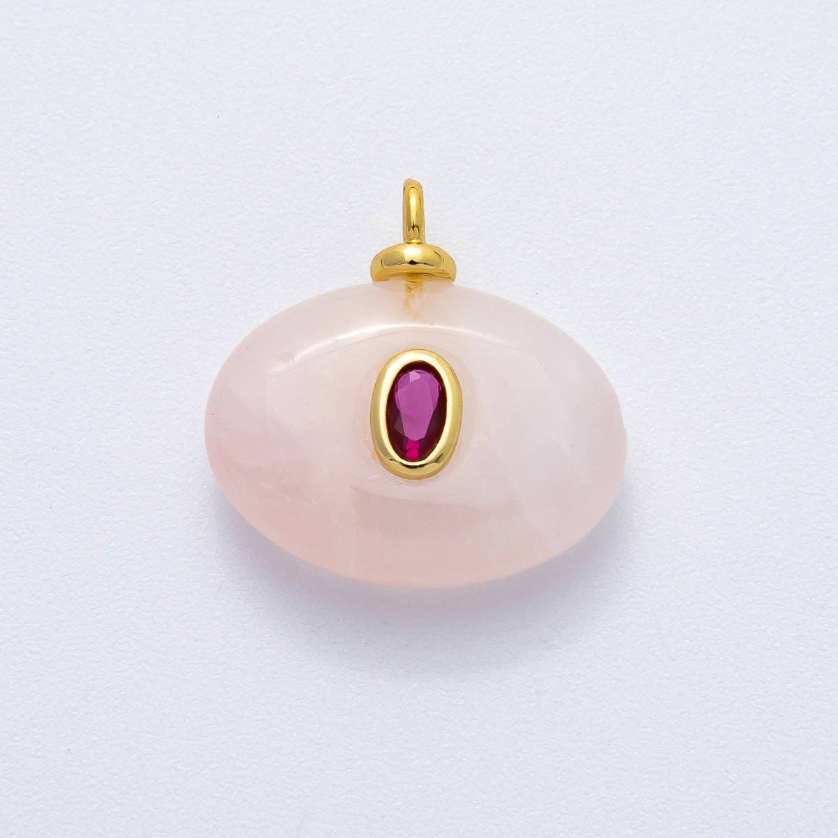 18K Gold Filled 20mm Fuchsia CZ Embedded Rose Quartz Oval Gemstone Charm | AF1321