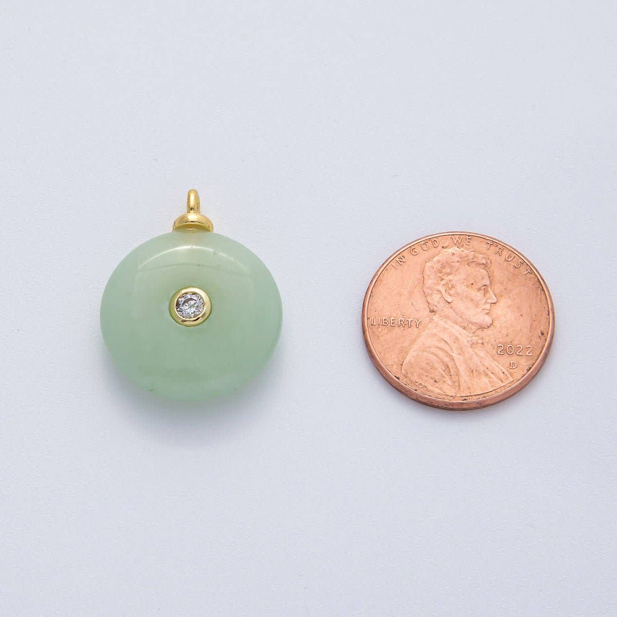 18K Gold Filled 23mm Green Jade with Clear CZ Round Natural Gemstone Pendant | AF1450