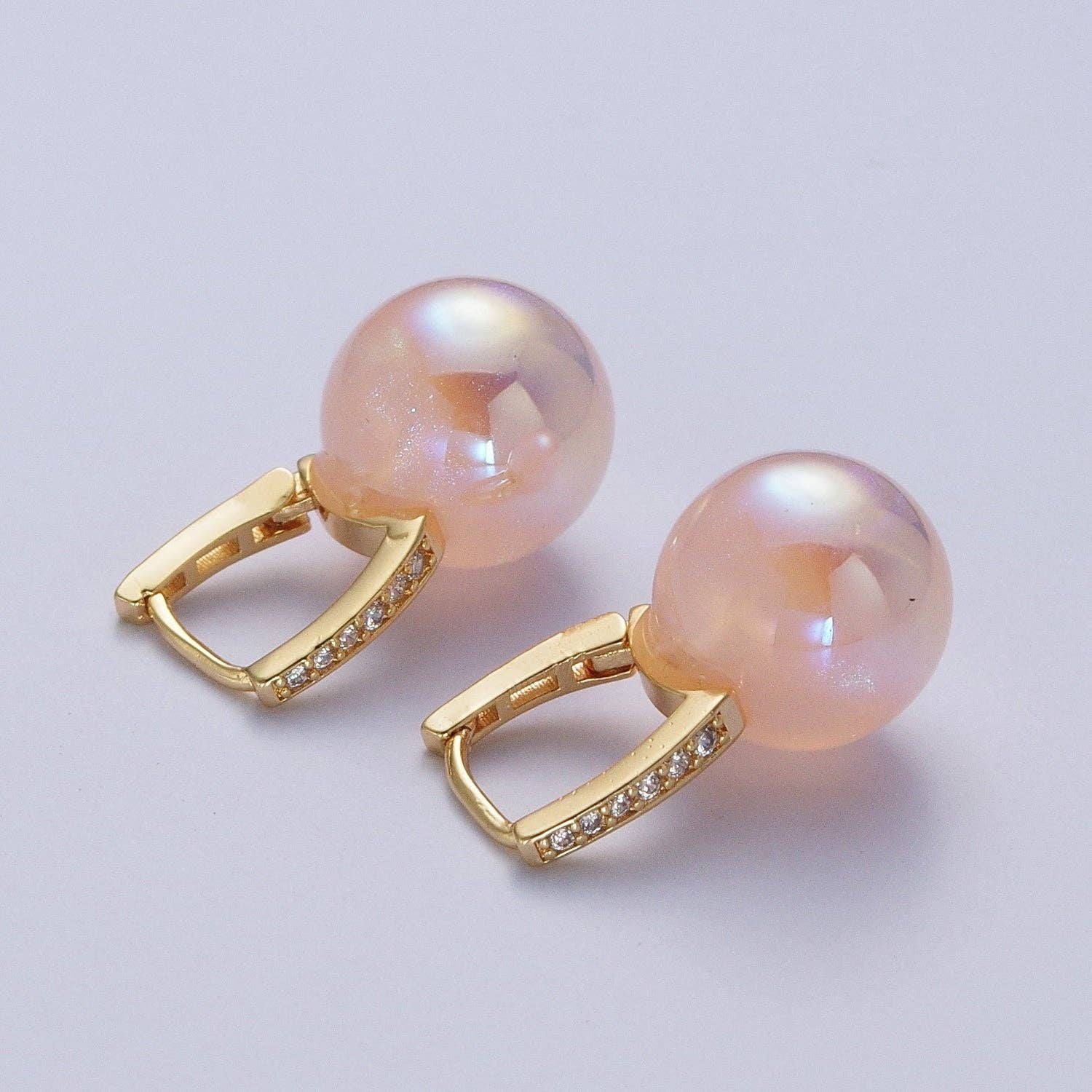 24K Gold Filled Leverback Earrings Small Huggie Hoops Earrings with Round Ball Pastel AB Color Drop Q-339 Q-353