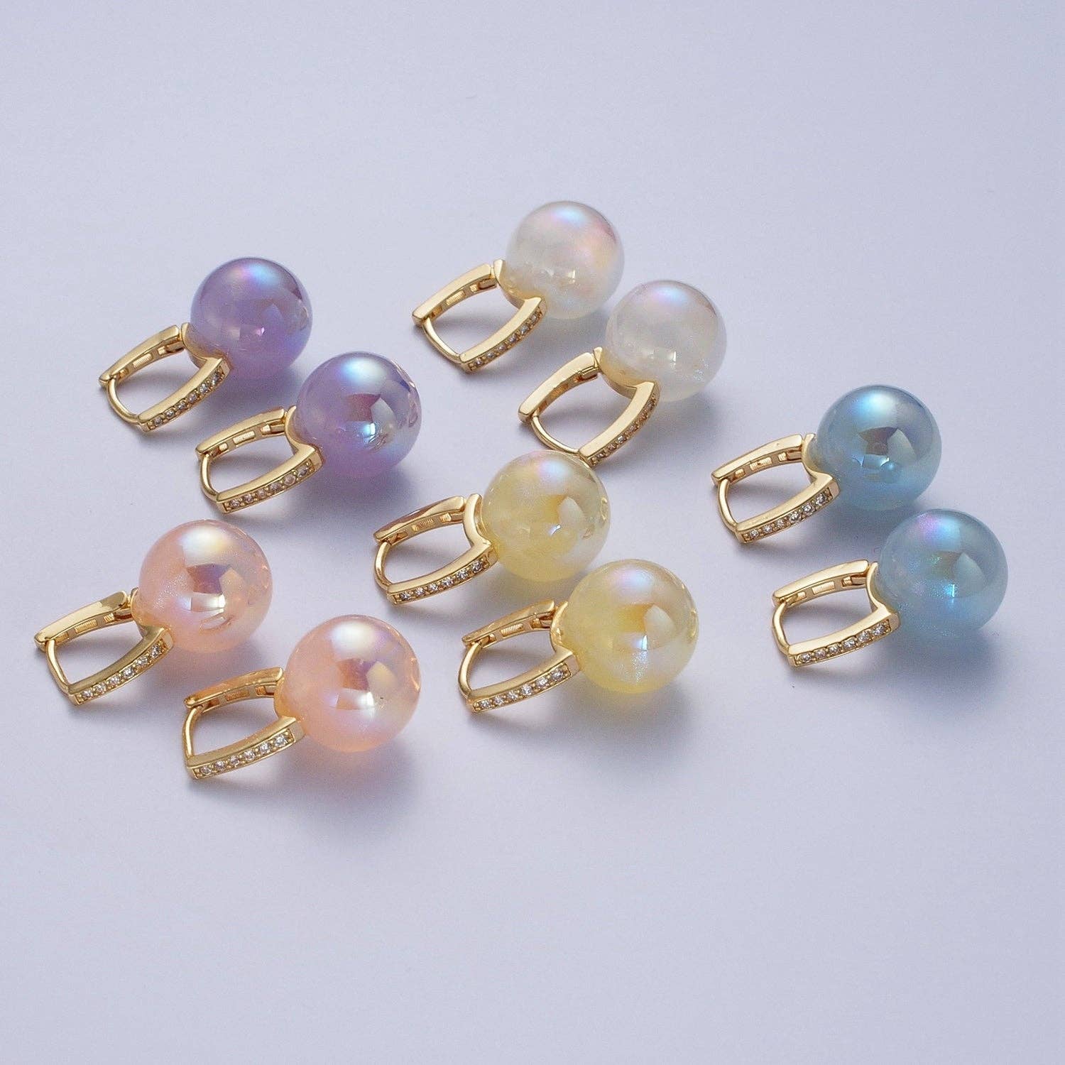 24K Gold Filled Leverback Earrings Small Huggie Hoops Earrings with Round Ball Pastel AB Color Drop Q-339 Q-353