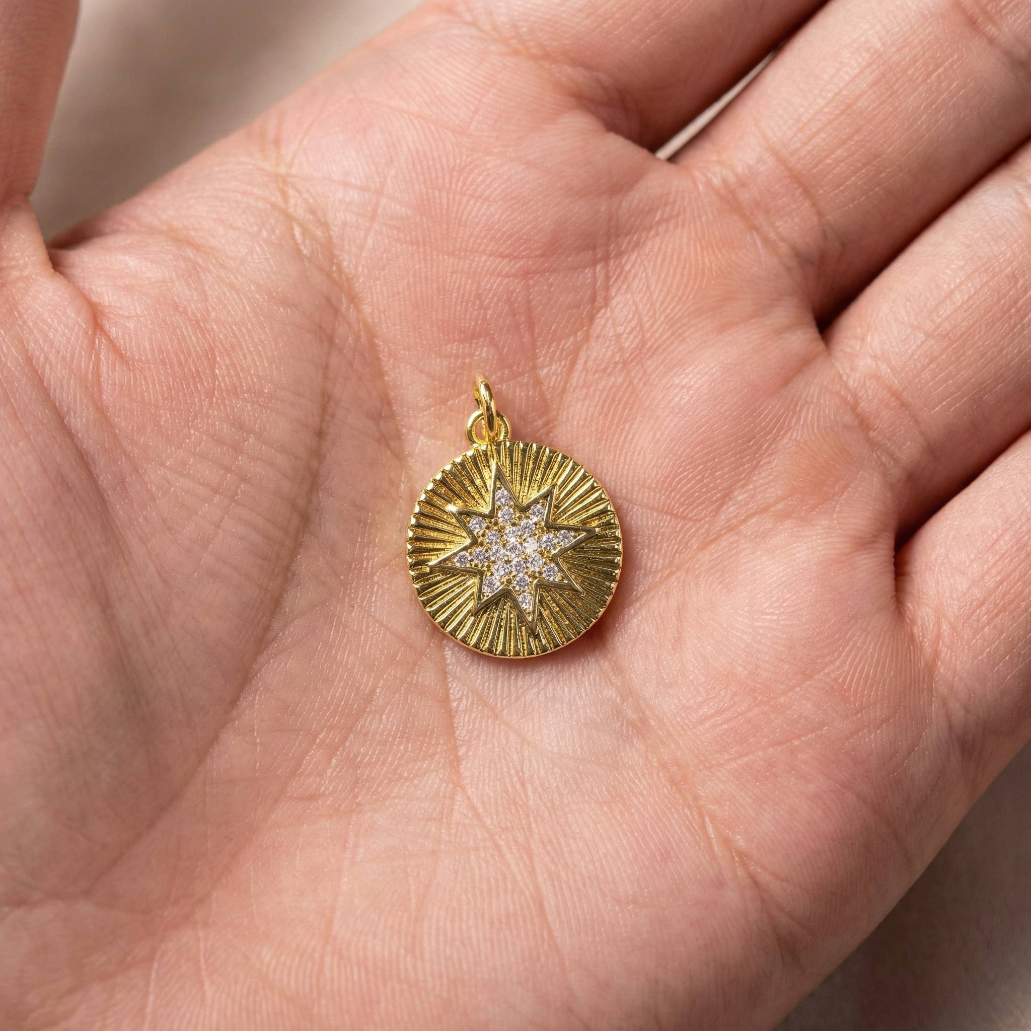 Gold CZ Starburst Medallion & Dainty Star Charm