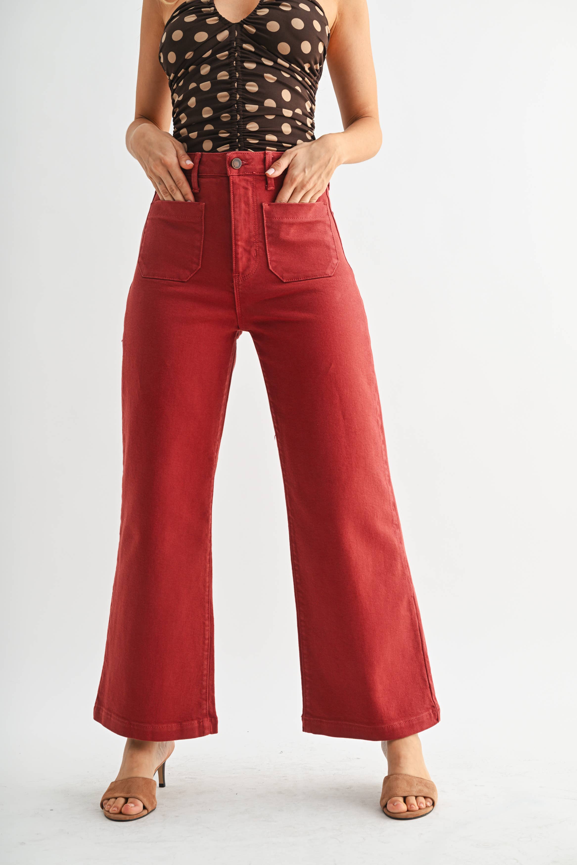 Just Black Denim Burgundy - Patch Pocket Wide Leg